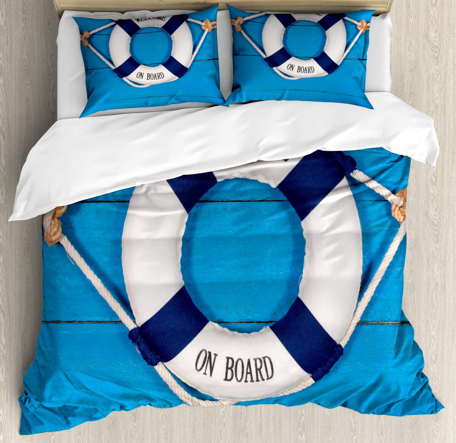 Ambesonne Coastal Duvet Cover Set - Nautical Welcome on Board Design on Painted Wood Wall - 3 Piece Bedding Set with 2 Pillow Shams - California King Size - Navy Blue & White Ocean Theme - Perfect for Beach House, Guest Room or Nautical Nursery Decor
