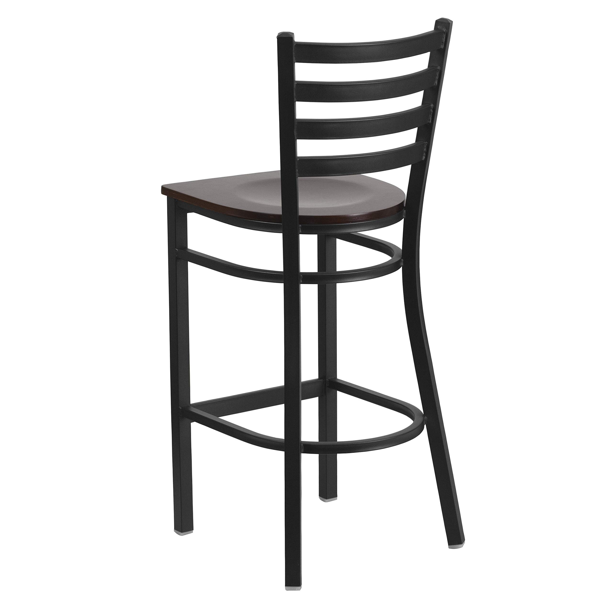 Black Metal Bar Stool with Walnut Wood Seat - Adjustable Height Ladder Back Design for Kitchen Counter, Restaurant & Home Bar - Heavy Duty Commercial Use