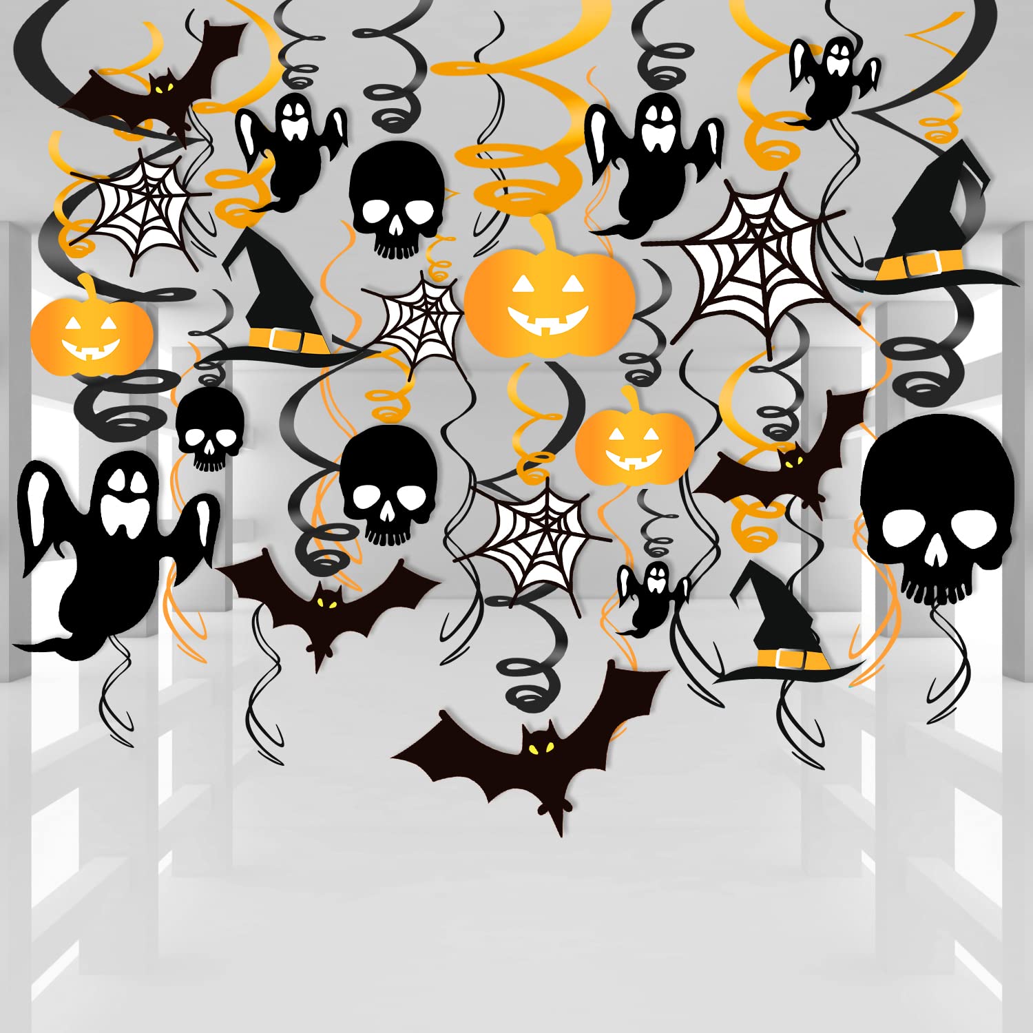 Zayvor 40-Pack Halloween Hanging Swirl Decorations - Black & Gold Hanging Ghost Bats Spider Streamers for Indoor Outdoor Party Decor - Perfect for Halloween Party, Haunted House, and Holiday Decorations