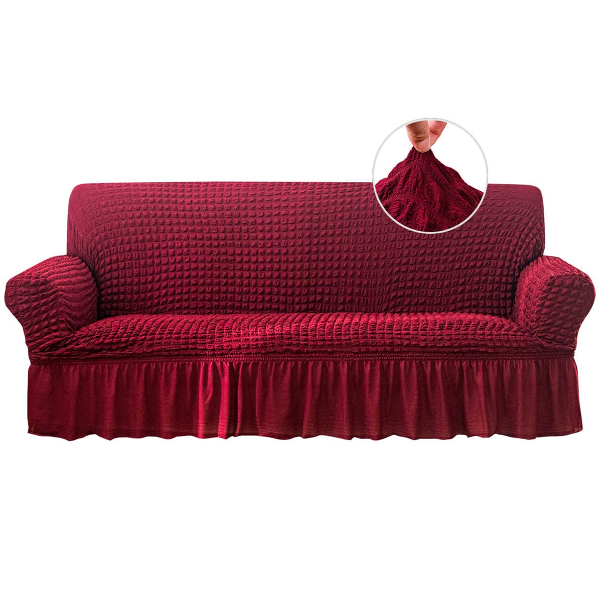 Qubjus Stretch Sofa Slipcover - Washable Couch & Sofa Bed Cover with Elastic Bottom & Skirt - Easy Fit Furniture Protector (Burgundy, Large) - Perfect for Living Room, Bedroom & Home Decor Protection