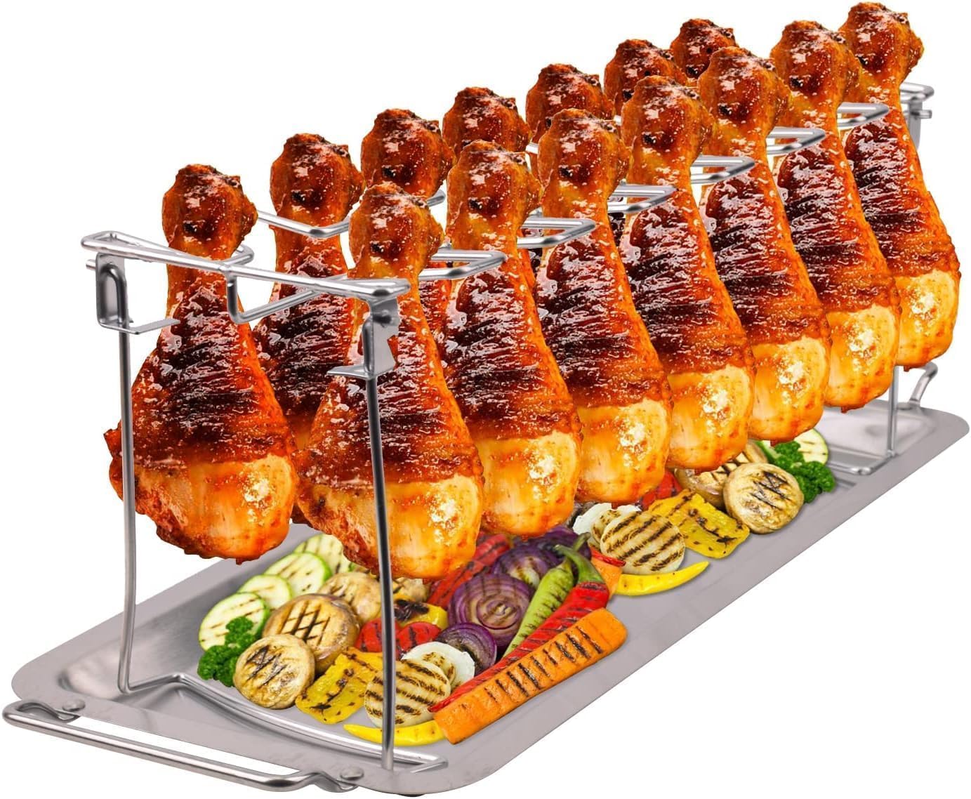 Stainless Steel Chicken Leg Rack for Grill with Drip Tray - 14 Slot Drumstick Holder Roaster Stand for Smoker, Oven, BBQ & Picnic | Perfect for Backyard Grilling, Tailgating & Outdoor Cooking Accessories