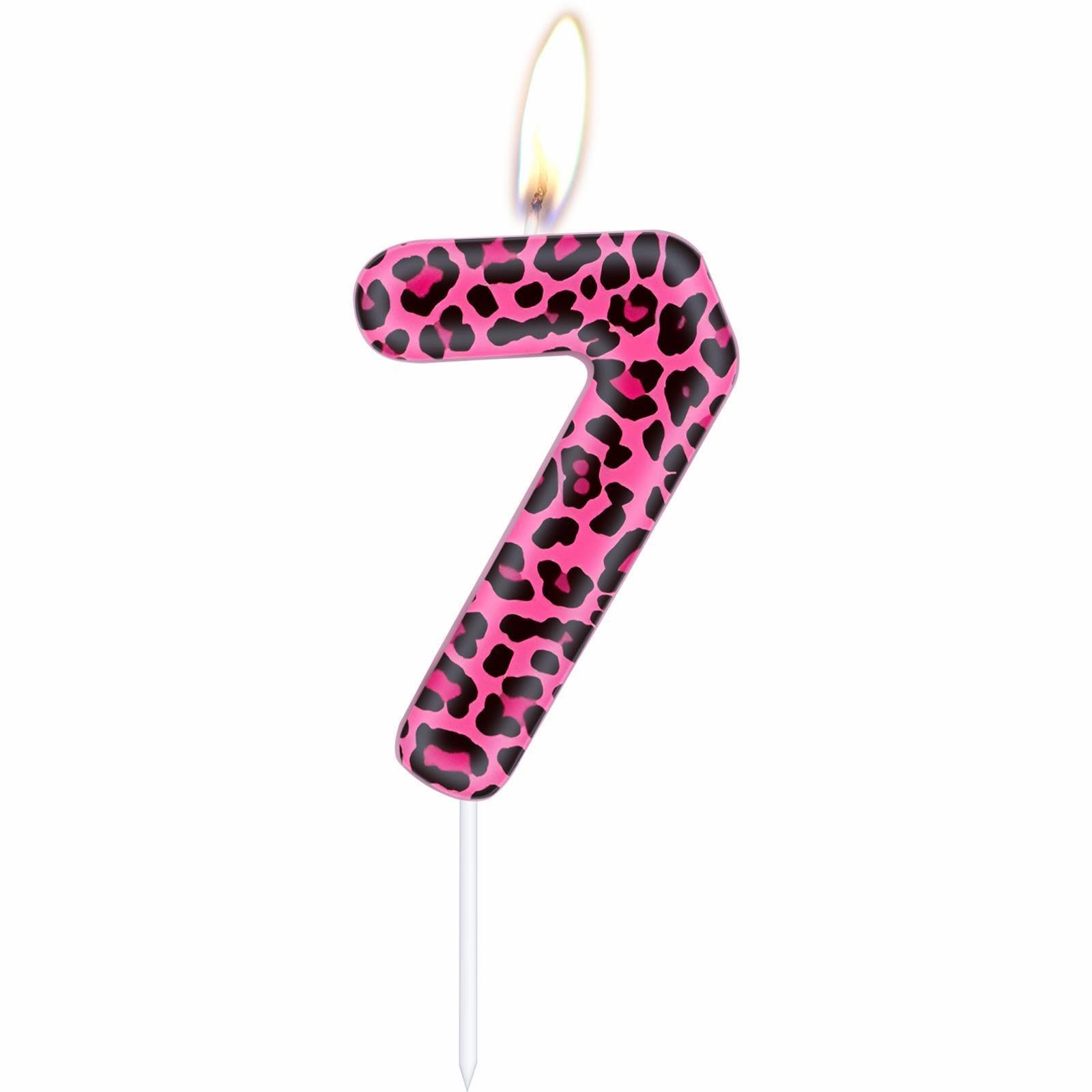 Pink Leopard Print Number 7 Birthday Cake Candles - Pink Cheetah Themed 7th Birthday Party Decorations for Girls - Wild Animal Party Supplies for Birthday Cakes, Cupcakes & Desserts