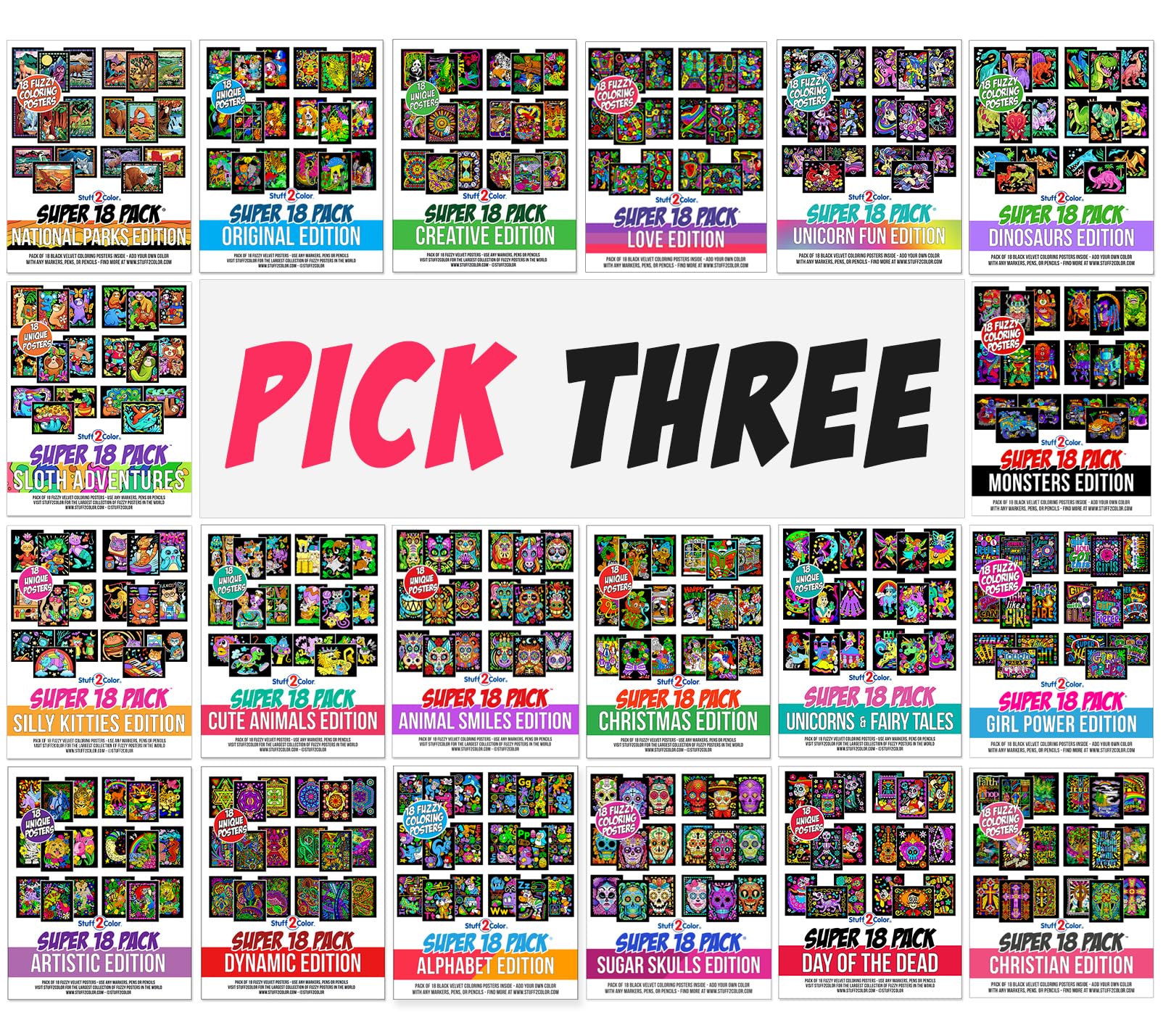 Custom Bundle of 54 Fuzzy Velvet Coloring Posters - Choose 3 from 20 Designs for Kids & Adults | DIY Art Therapy for Groups, Schools, Hospitals & Senior Care