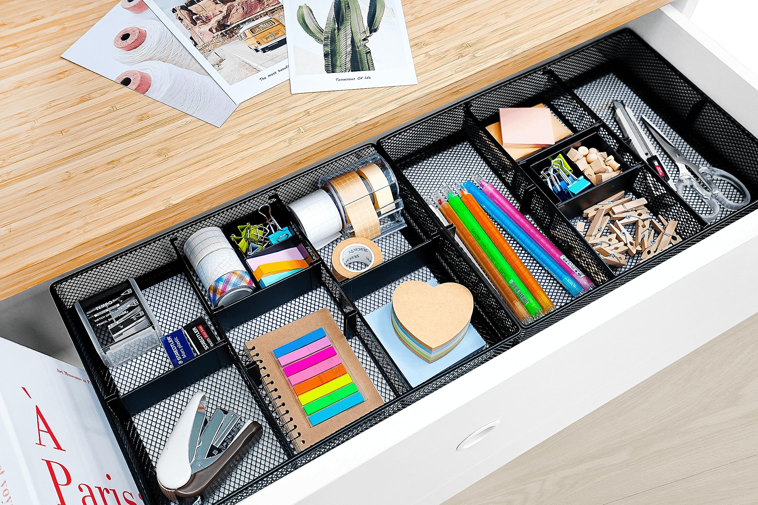 CAXXA Mesh 3-Slot Desk Drawer Organizer with 4 Adjustable Dividers - Black | Office Supplies Storage for Pens, Paper Clips & Small Items | Perfect for Home, Office & School Organization