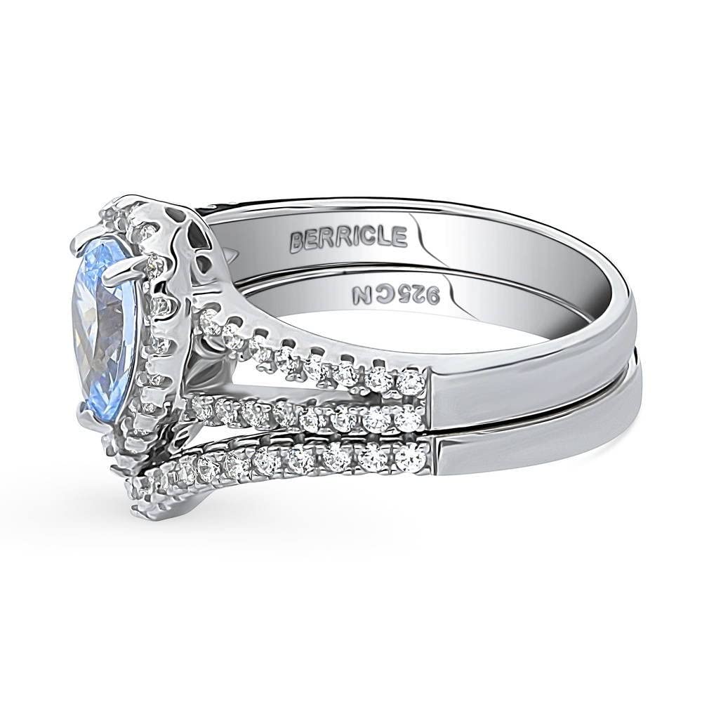 Sterling Silver Blue Pear Cut Cubic Zirconia Halo Engagement Ring Set for Women - Rhodium Plated Wedding Band, Size 4-10 - Perfect for Proposals, Anniversaries & Bridal Jewelry