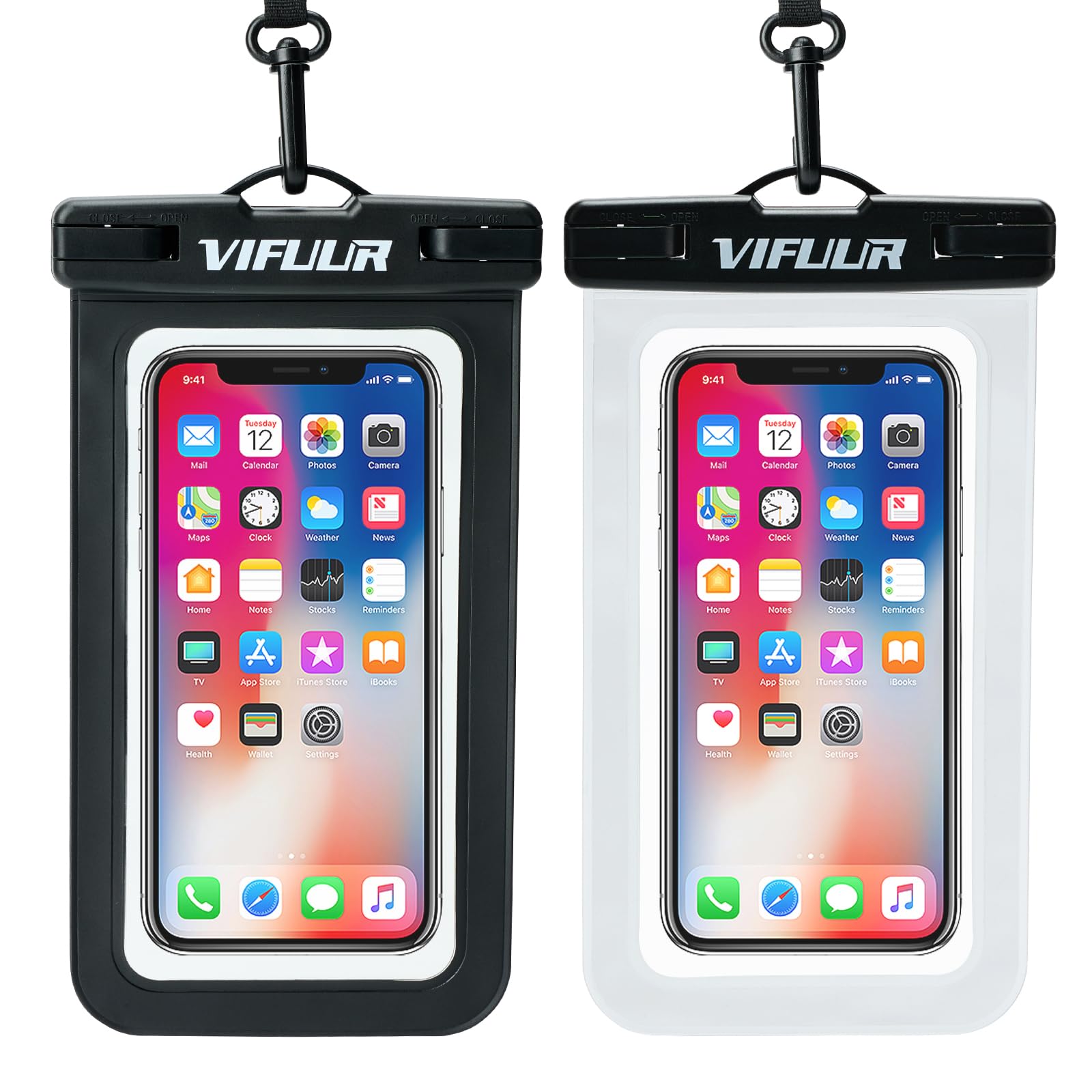 VIFUUR IPX8 Waterproof Phone Pouch - Universal Waterproof Dry Bag Case for iPhone 15 14 13 12 Pro Max XS Plus & Samsung Galaxy - Beach, Swimming, Diving, Kayaking, Boating - 2 Pack Black/Clear Phone Protector