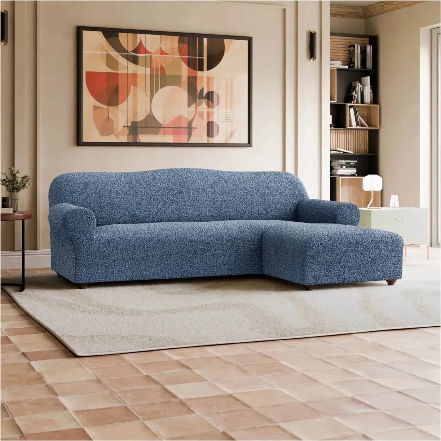 L Shaped Sofa Slipcover with Right Chaise - Mille Righe Collection Stretchable Furniture Protector for Living Room, Family Room & Home Theater
