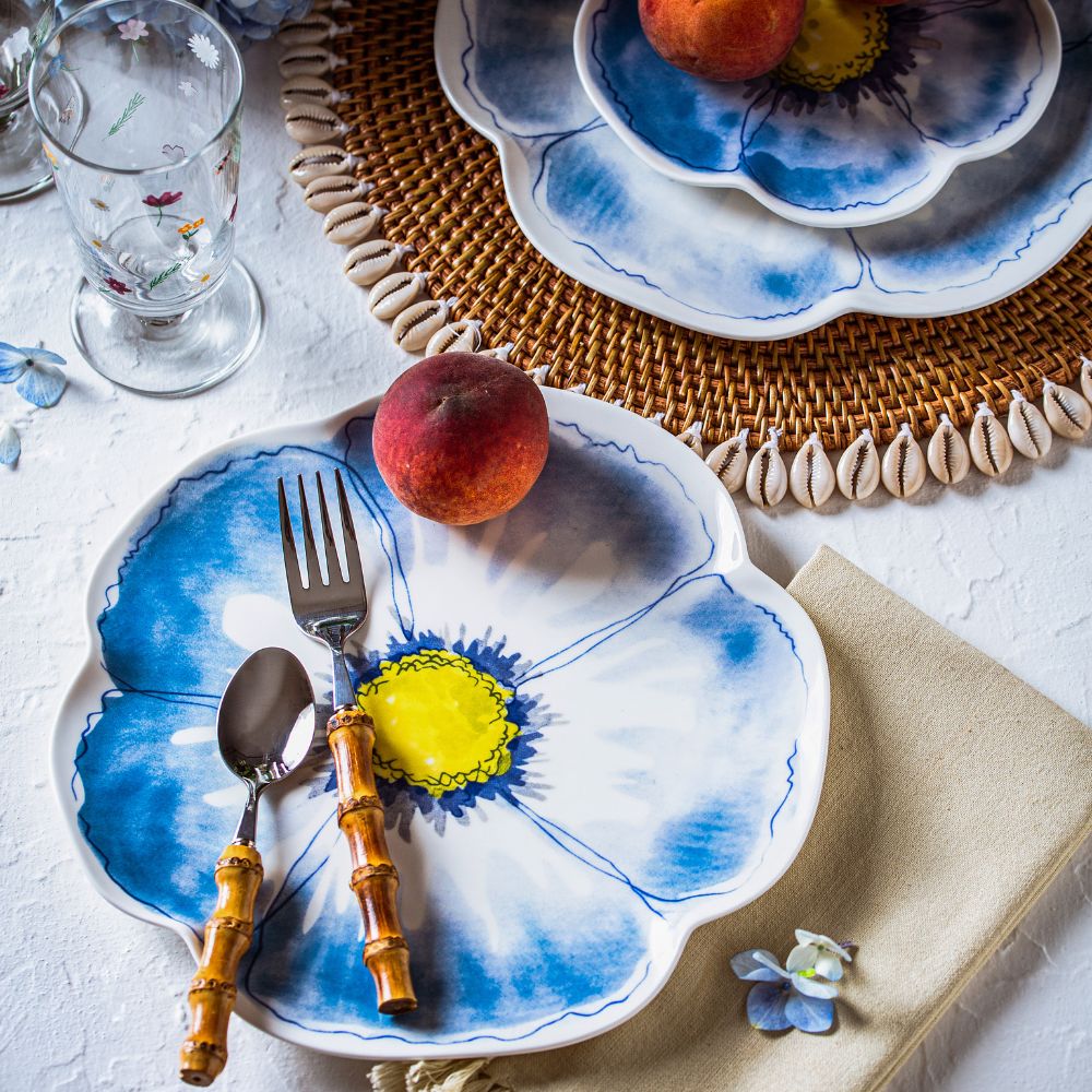 Augusta Floral Blue Snack Plate Set of 2 - Elegant Ceramic Appetizer Dishes for Desserts, Cheese & Crackers - Perfect for Tea Parties, Picnics & Home Entertaining