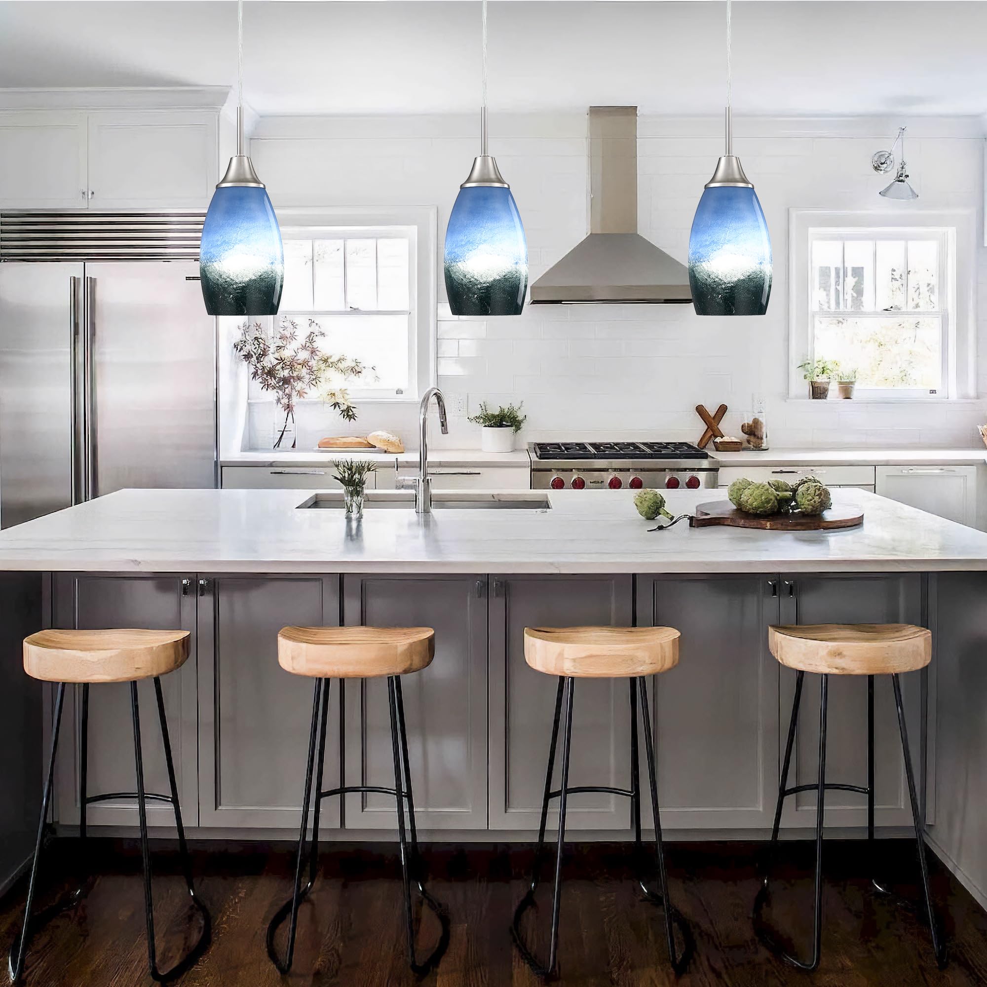 3-Pack Blue Mini Pendant Lights - Handblown Glass Kitchen Island Lighting with Adjustable Cord - Ceiling Hanging Lamps for Kitchen, Bar, Dining Room, Foyer & Hallway | Perfect for Modern Home Decor and Restaurant Ambiance