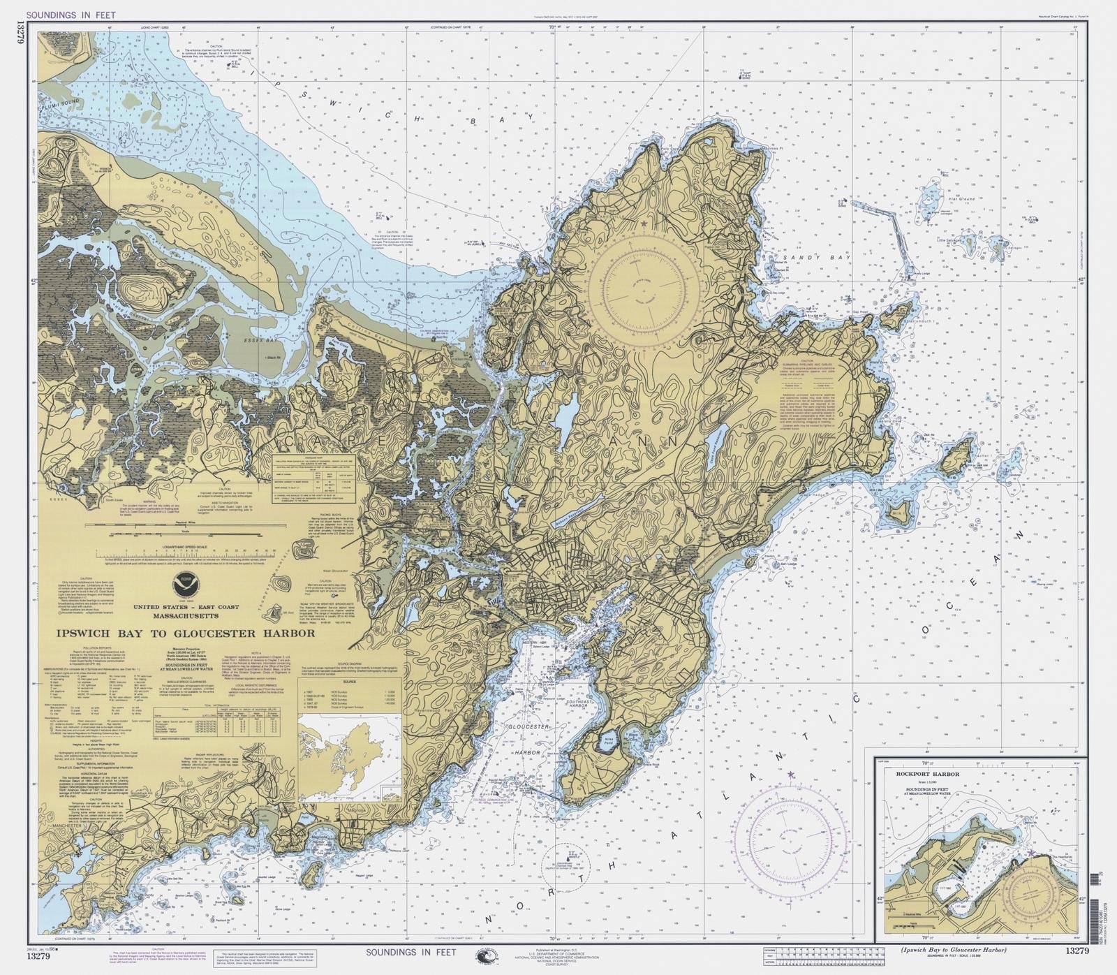 Vintage 1998 NOAA Nautical Chart Map - Ipswich Bay to Gloucester Harbor, Massachusetts (MA) - Historic Coastal Wall Art Poster 44