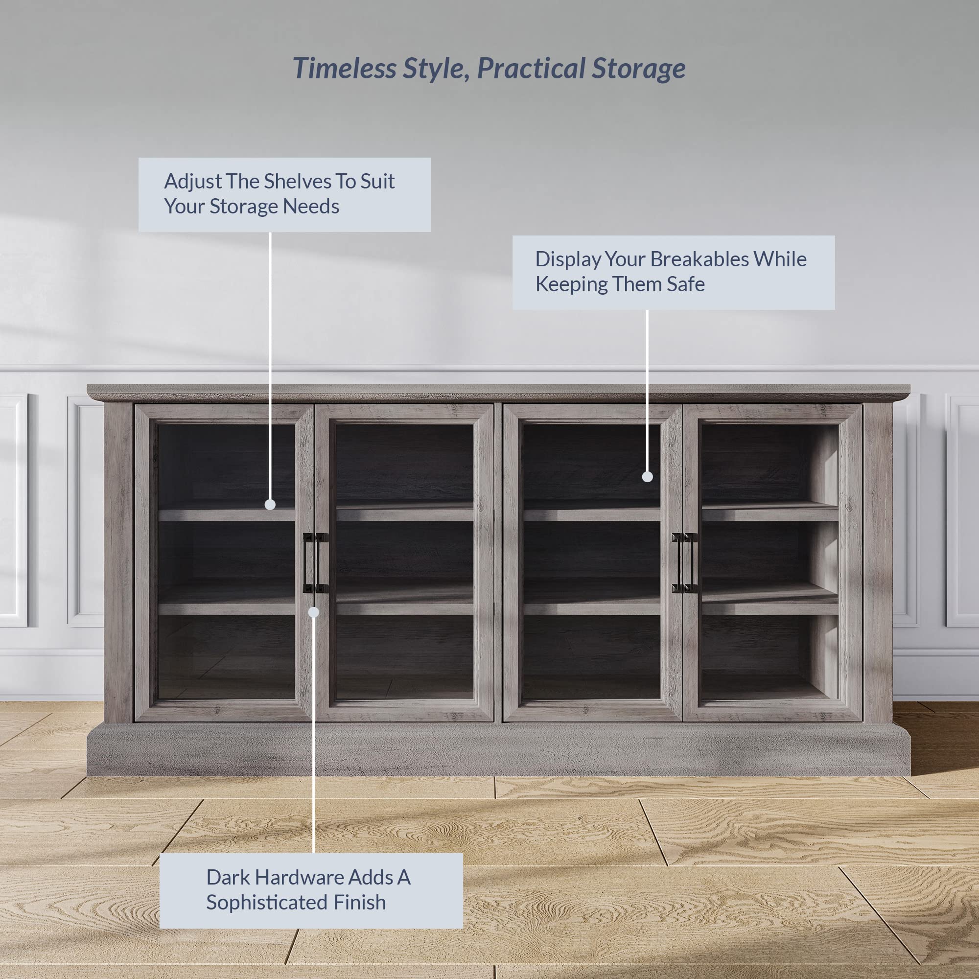 BELLEZE 70 Inch Sideboard Buffet Cabinet with Glass Doors & Adjustable Shelves - Modern Storage Entertainment Center for Living Room, Dining Room - Gray Wash Finish | Perfect for Displaying Collectibles, Storing Dishes & Organizing Home Decor