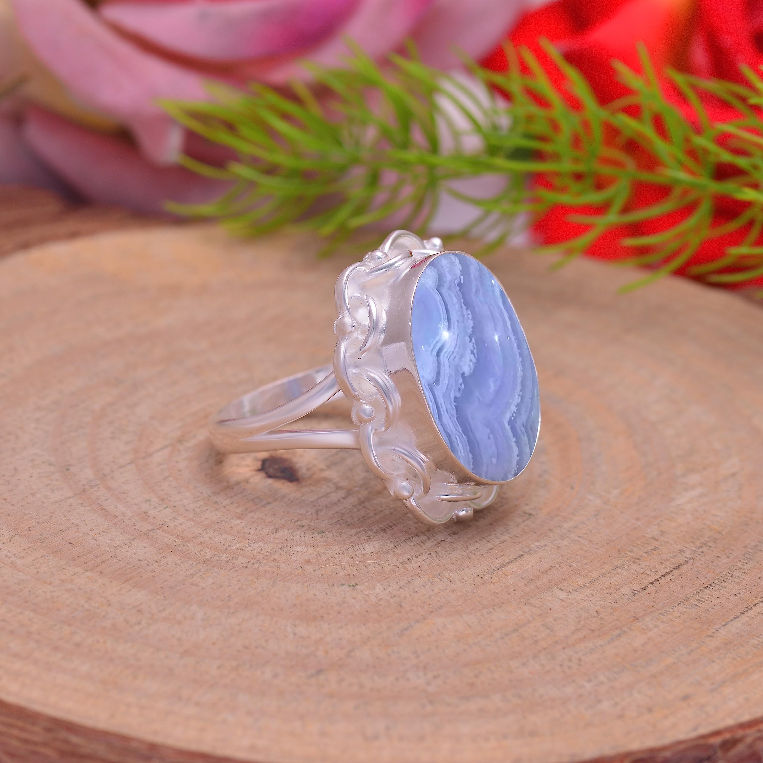 Veracity Jewelry Blue Lace Agate Rings for Women - 925 Sterling Silver Healing Meditation Rings with Natural Blue White Gemstone - Elegant Designer Jewelry Gift for Mom, Wife, Birthday & Spiritual Healing (VSR-936) | Perfect for Yoga, Meditation, Energy Healing & Special Occasions