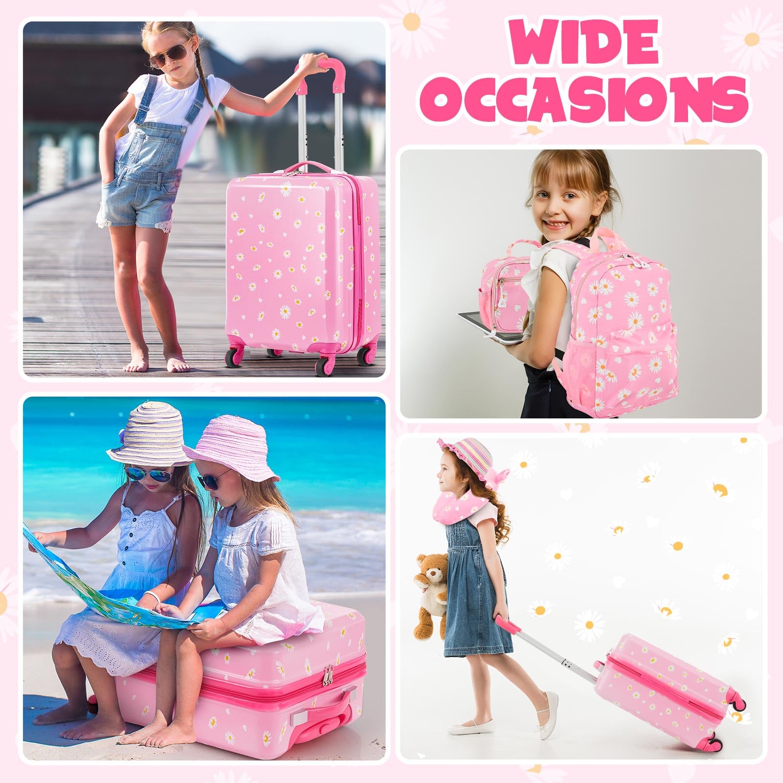 Redbaker 6-Piece Kids Luggage Set - 17 Inch Rolling Suitcase for Girls & Boys with Double Pattern Design (Pink Daisy Style) - Perfect for Travel, Birthday Gifts & School Trips