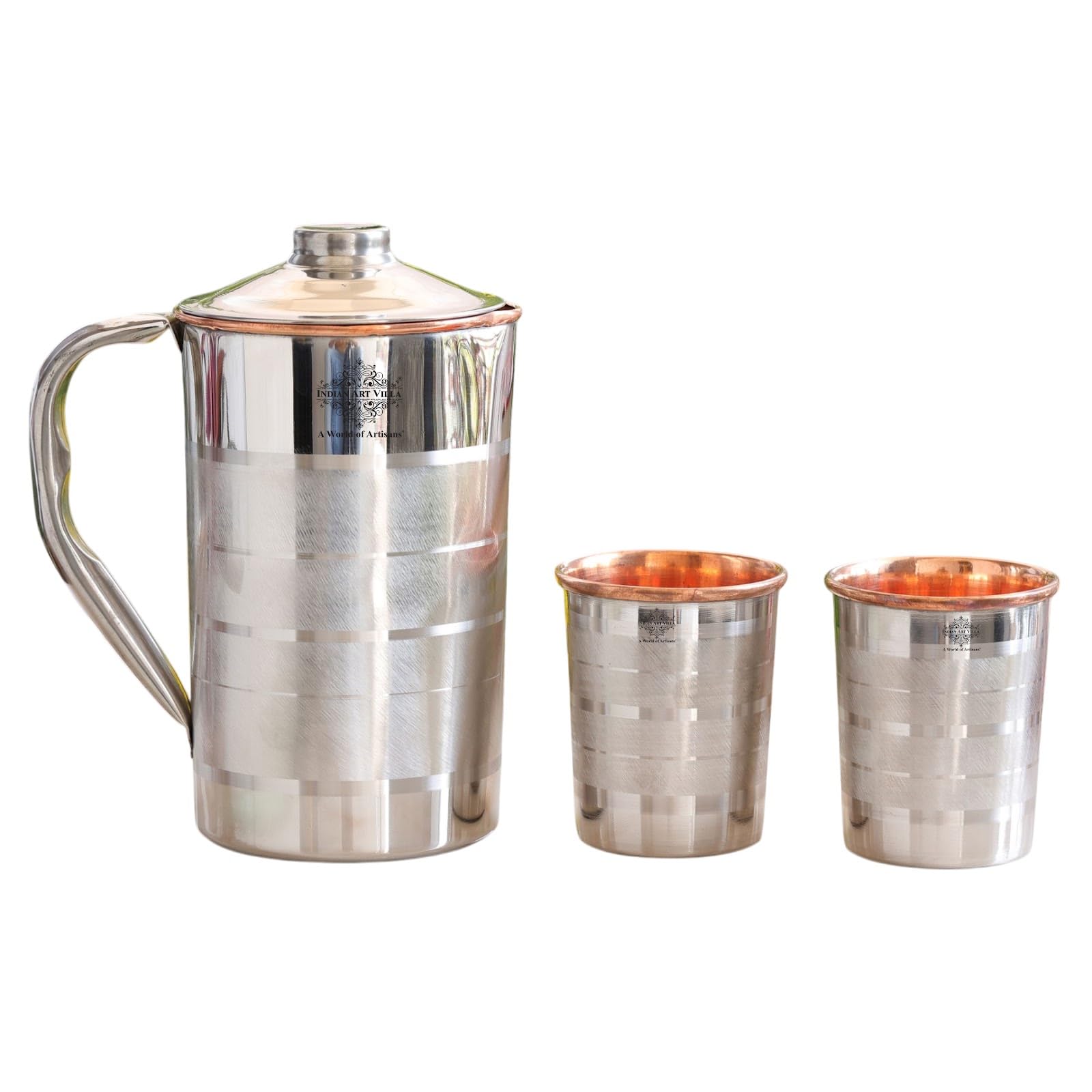 Luxury Indian Art Villa Steel Copper Drinkware Set - 1 Jug (50 Oz) & 2 Glasses (10 Oz) with Elegant Black Gift Box | Perfect for Diwali, Birthday Parties, Weddings & Home Decor | Premium Handcrafted Barware for Cocktails, Juice & Water Serving