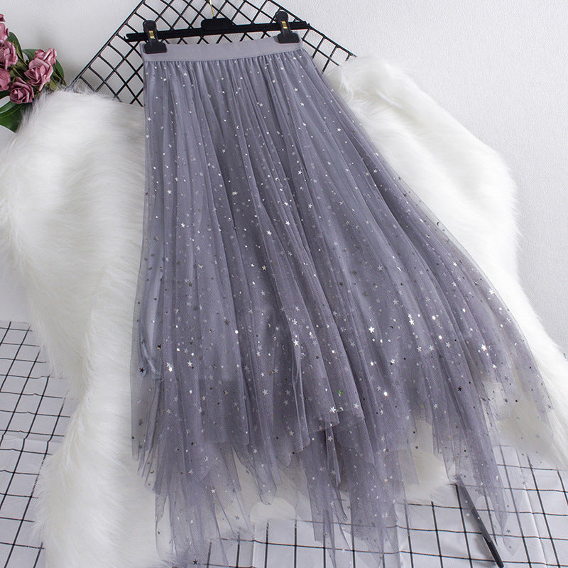 High Waist Star Sequin Irregular Mesh Skirt - Mid Length Party Skirt for Women | Perfect for Night Out, Club Wear, and Special Occasions