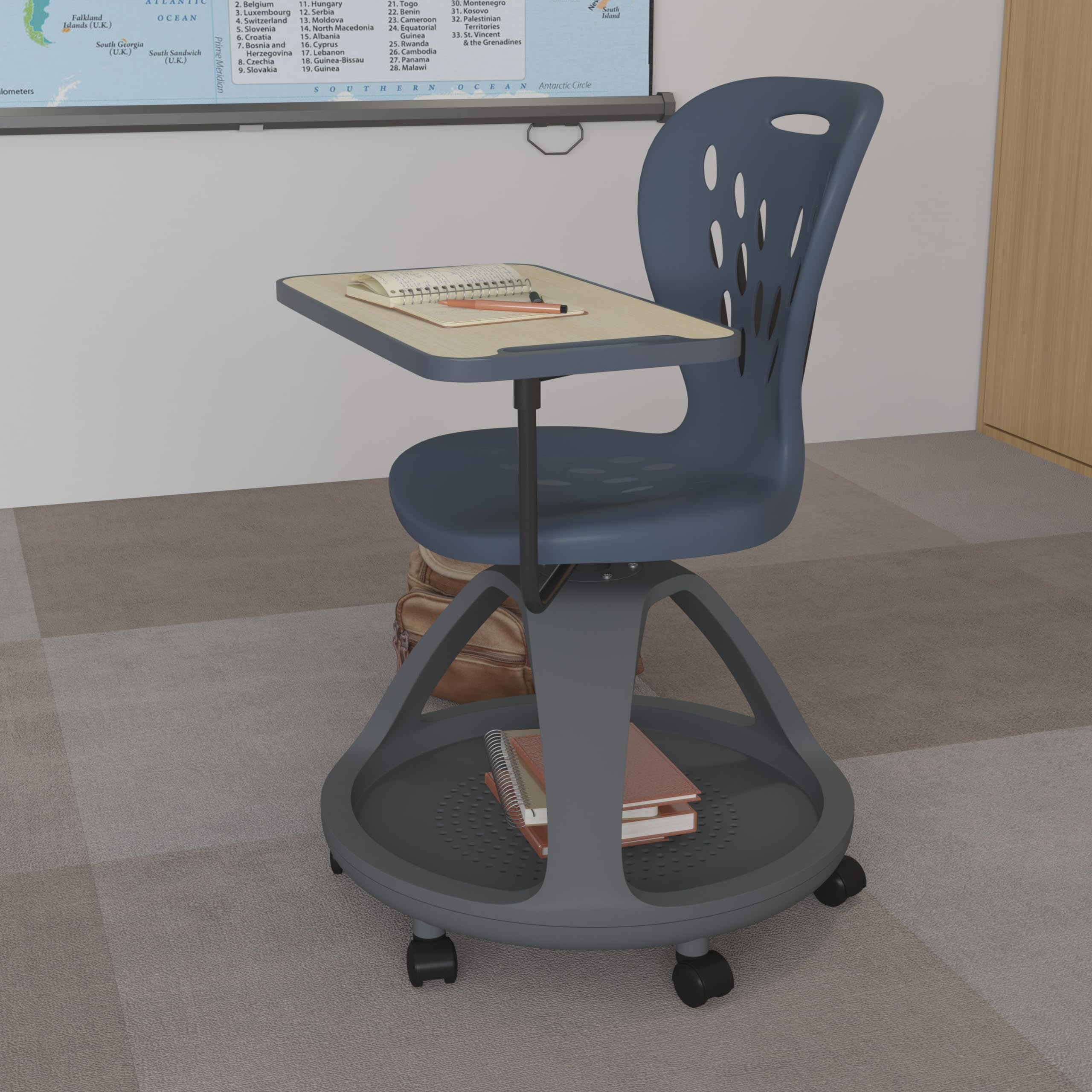 Ergonomic Dark Gray Mobile Desk Chair with 360° Swivel & Tablet Rotation - Under Seat Storage Organizer - Perfect for Home Office, Study Room & Small Spaces