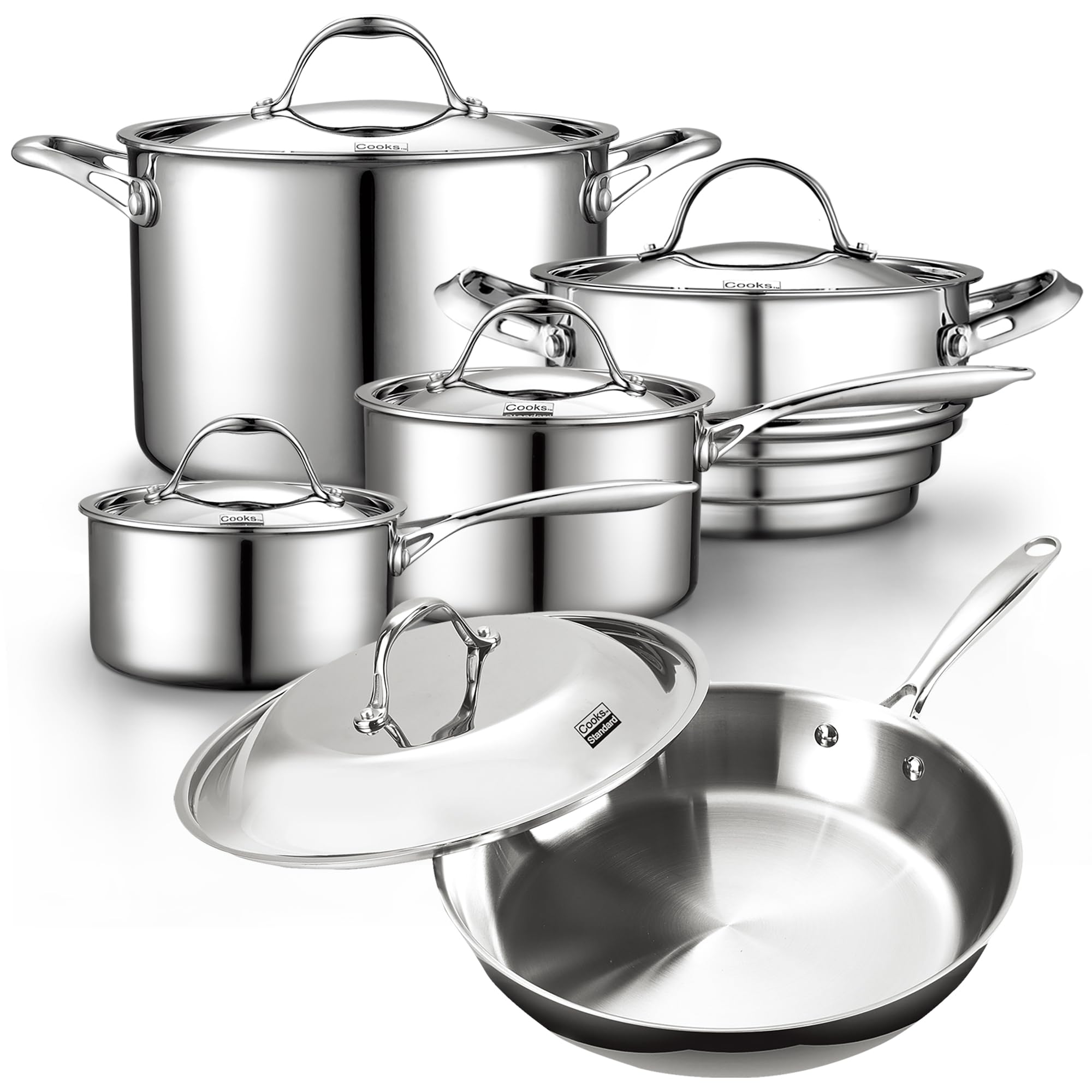 Premium 10-Piece Stainless Steel Cookware Set - Multi-Ply Clad Pots & Pans with Fry Pan | Dishwasher & Oven Safe up to 500°F | Ideal for Professional Chefs & Home Cooking | Perfect for Searing, Boiling & Sauteing