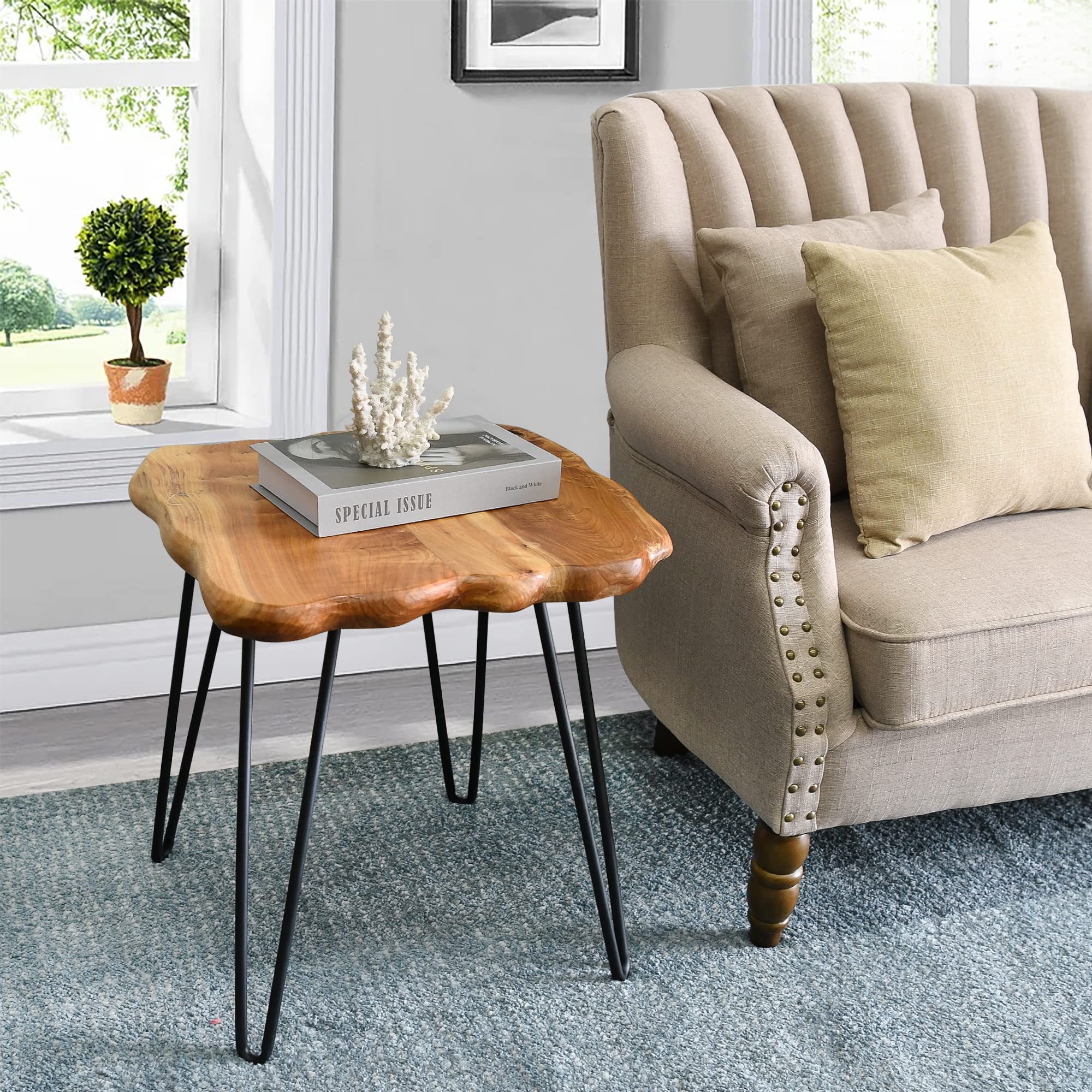 Natural Cedar Wood Side Table 20x20x21 Inches - Vintage Live Edge Solid Slab Coffee Table - Rustic Accent End Table for Living Room, Patio, Bedroom - Perfect Plant Stand & Outdoor Furniture