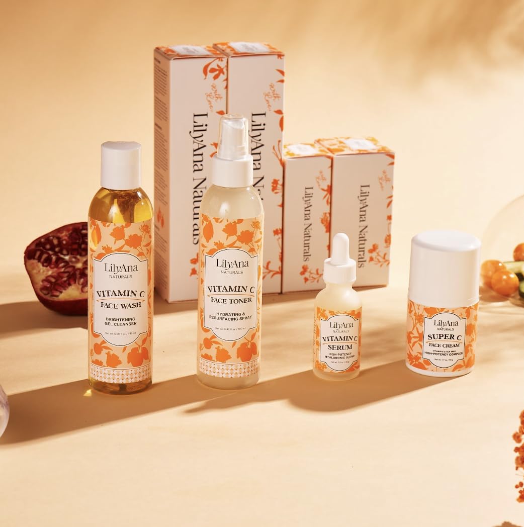 LilyAna Naturals Vitamin C Skincare Gift Set - Brightening Serum & Hyaluronic Acid Face Cream - Anti-Aging 4-Piece Skincare Kit for Glowing Skin | Perfect for Daily Routine & Gift Giving