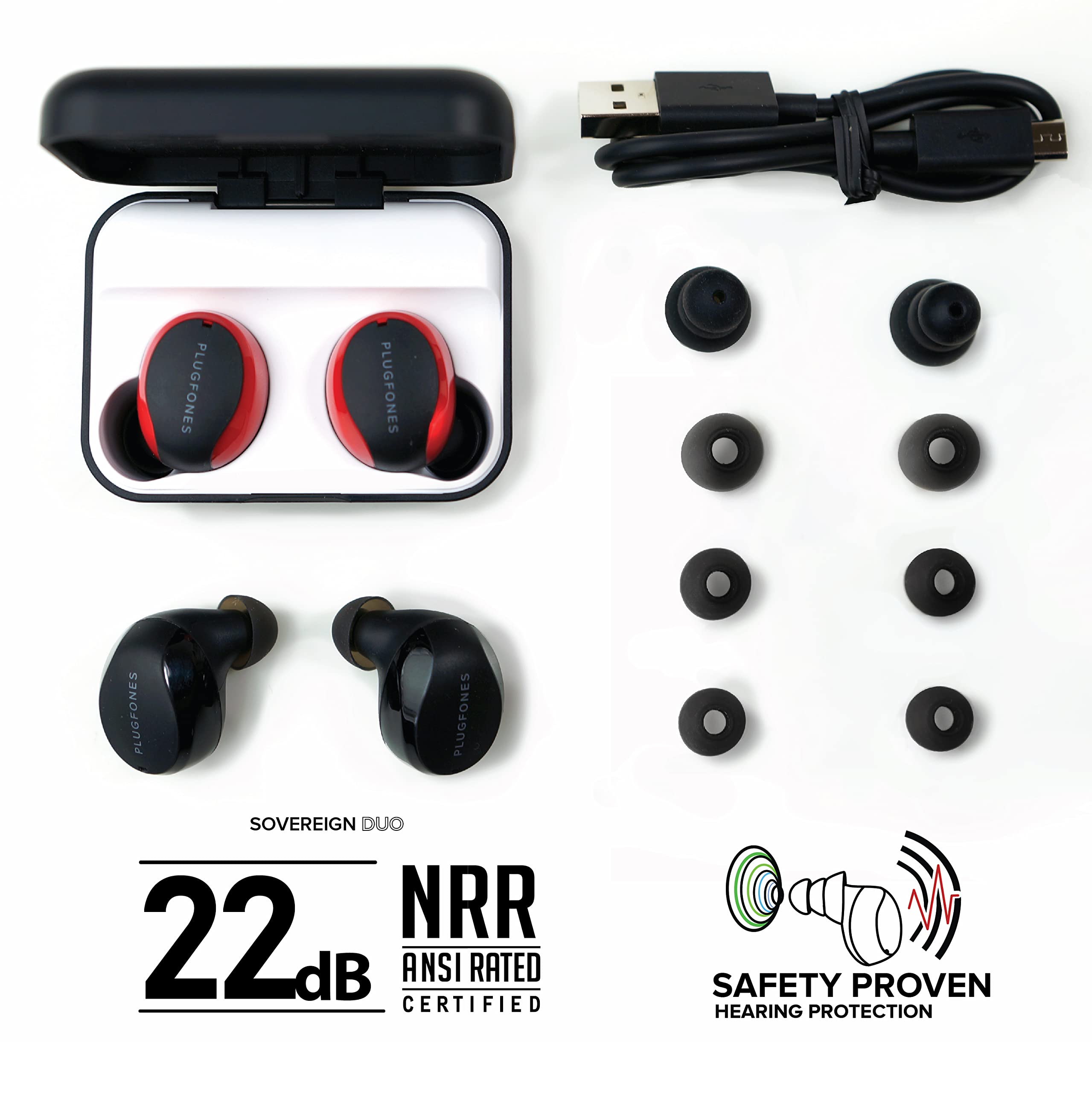 Plugfones Sovereign Duo True Wireless Bluetooth Earplug Headphones - 26dB Noise Reduction, OSHA Compliant Hearing Protection Earbuds with Sound Focused Mic for Construction, Shooting, Lawn Mowing & Industrial Work