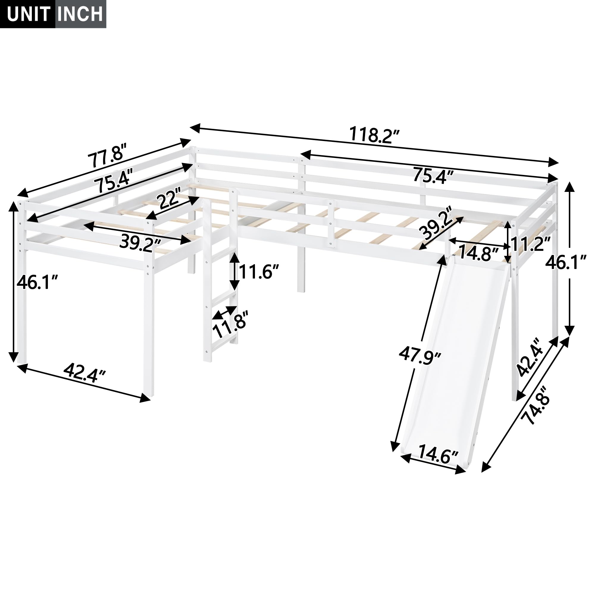 L-Shaped Twin Loft Bunk Bed with Ladder & Slide - Space-Saving Kids Bunk Bed for Siblings, Teens & Small Rooms - No Box Spring Required - Perfect for Bedrooms, Dorms & Vacation Homes
