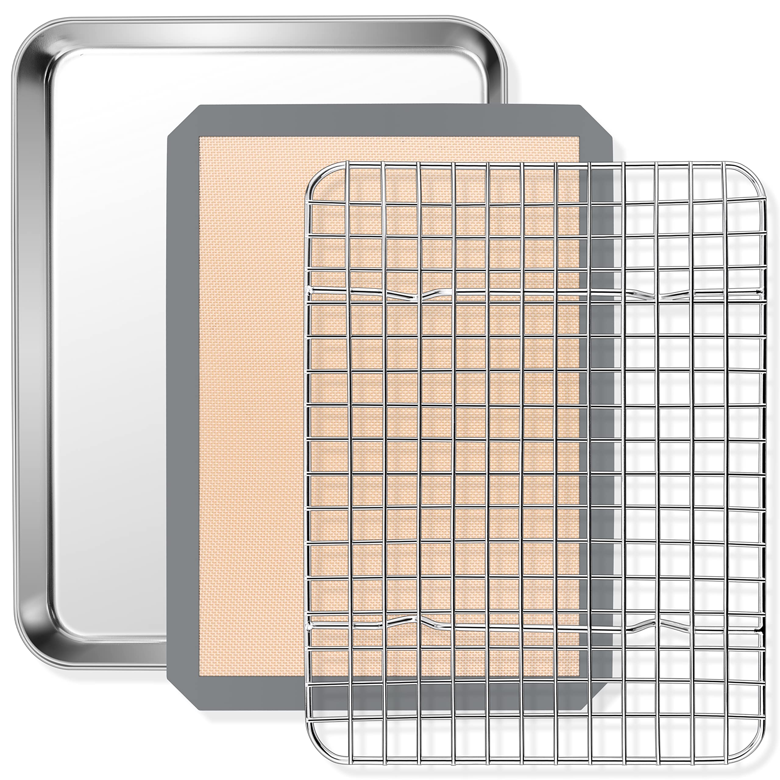 P&P CHEF 3-Piece Stainless Steel Toaster Oven Pan Set with Grid Rack & Silicone Mat - 9 x 7 x 1 Inch Baking Tray, Cooling Roasting Rack, Dishwasher Safe - Perfect for Toasting, Baking, Roasting & Meal Prep in Small Ovens
