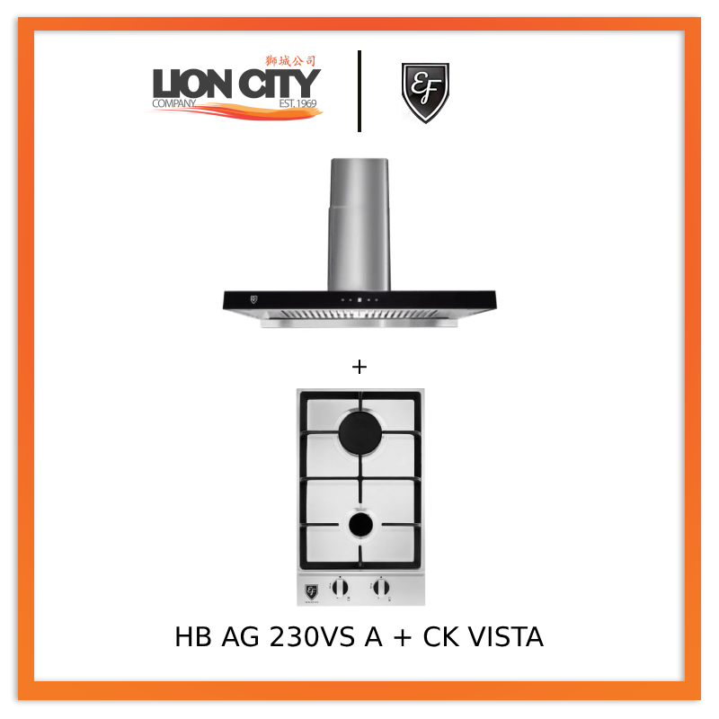 EF HB AG 230VS A 30cm Built-in Stainless Steel Gas Hob with 90cm CK VISTA Cooker Hood - Perfect for Modern Kitchens, Home Cooking & Professional Chefs