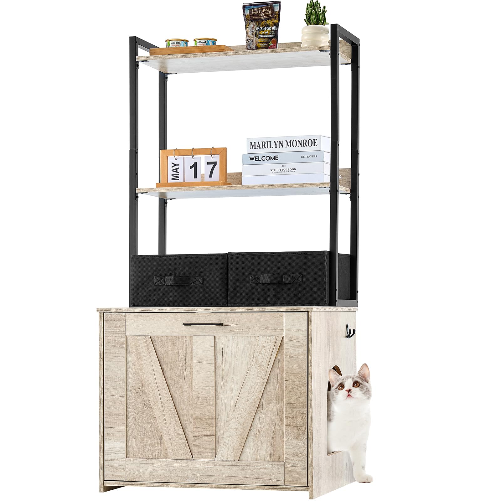 VEVOR Wooden Cat Litter Box Enclosure Furniture with 2 Storage Shelves & Baskets - Hidden Indoor Cat Washroom Cabinet for Large Litter Boxes, 23.6