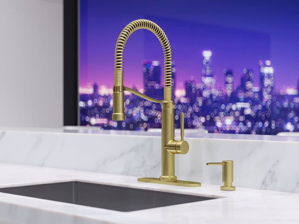 Pfister Brushed Gold Modern Kitchen Soap Dispenser - Touchless Automatic Liquid Soap Dispenser for Bathroom & Kitchen, Sleek Design with 17oz Capacity, Perfect for Modern Homes & Commercial Spaces