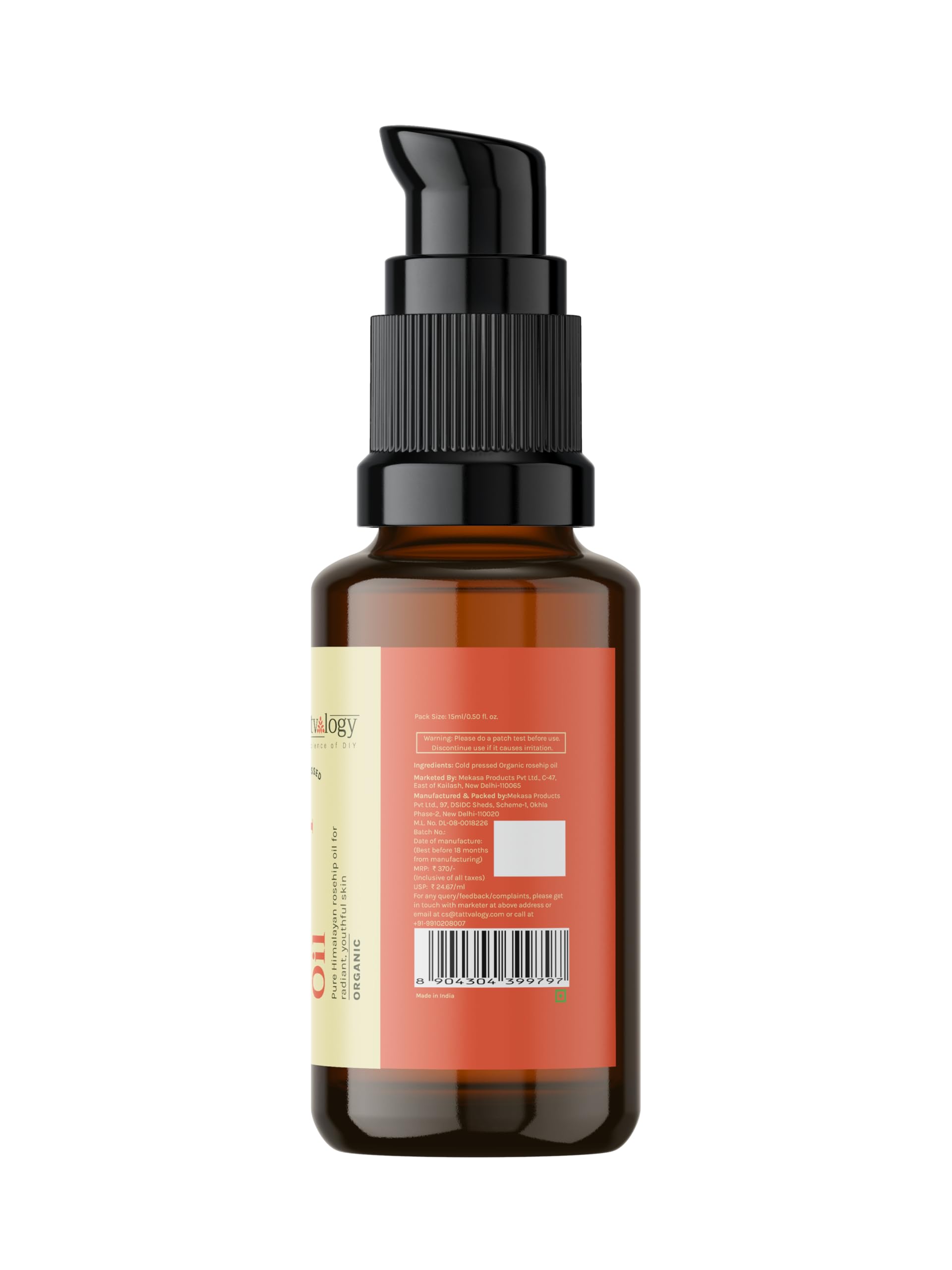 Organic Certified Raw Rosehip Oil (Rosa Rubiginosa) with Vitamin C - Hydrating & Moisturizing for Face, Skin, Hair & Nails - Men & Women - 15ml Glass Jar - Perfect for Dry Skin Care, Anti-Aging & Natural Beauty Routine