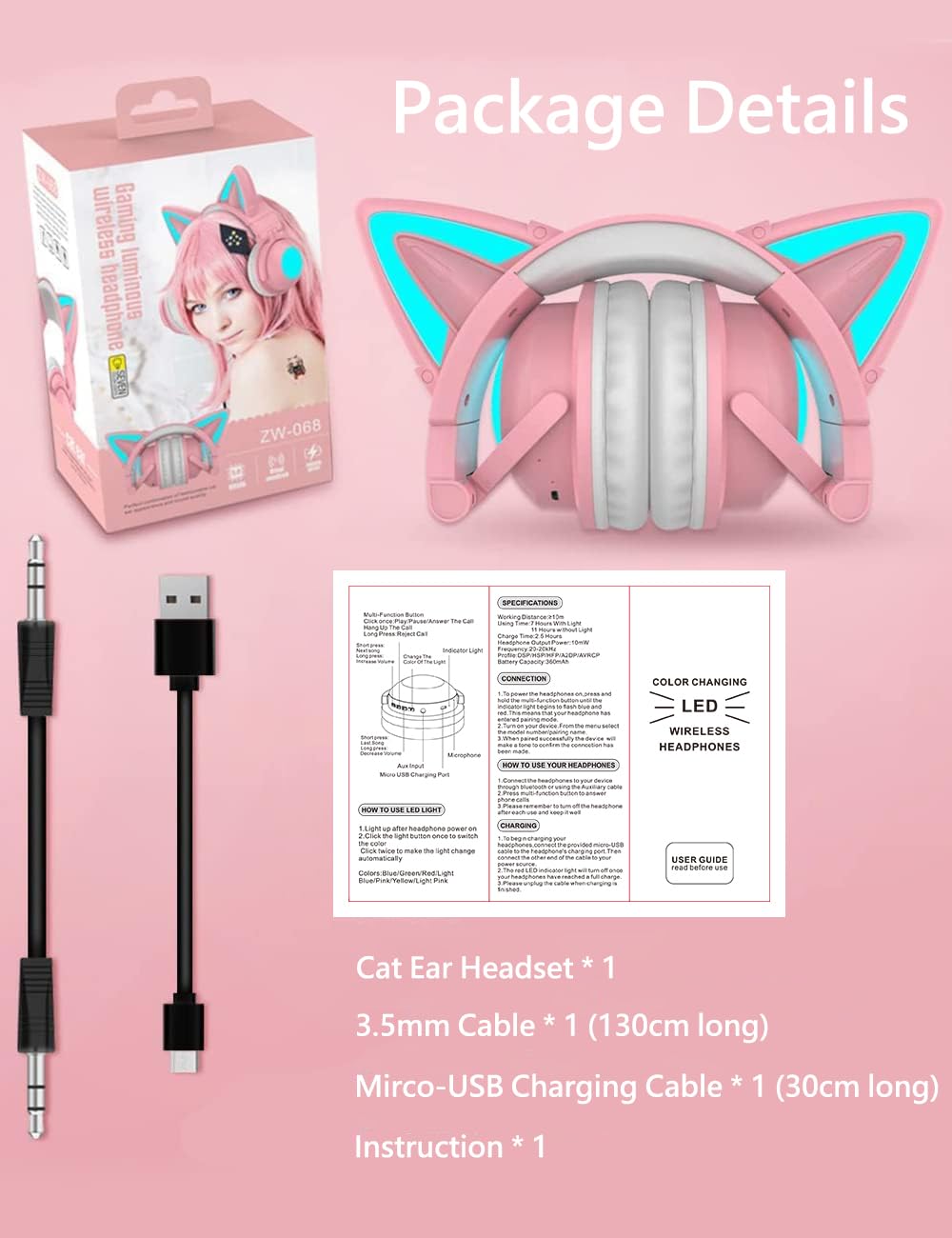 Pink Cat Ear Headphones with Mic - Bluetooth 5.0 Gaming Headset, RGB LED Light Up Ears, Foldable & Adjustable Over-Ear Design, Wireless/3.5mm Wired for PC, Mobile, Tablet - Perfect for Gaming, Streaming & Cosplay