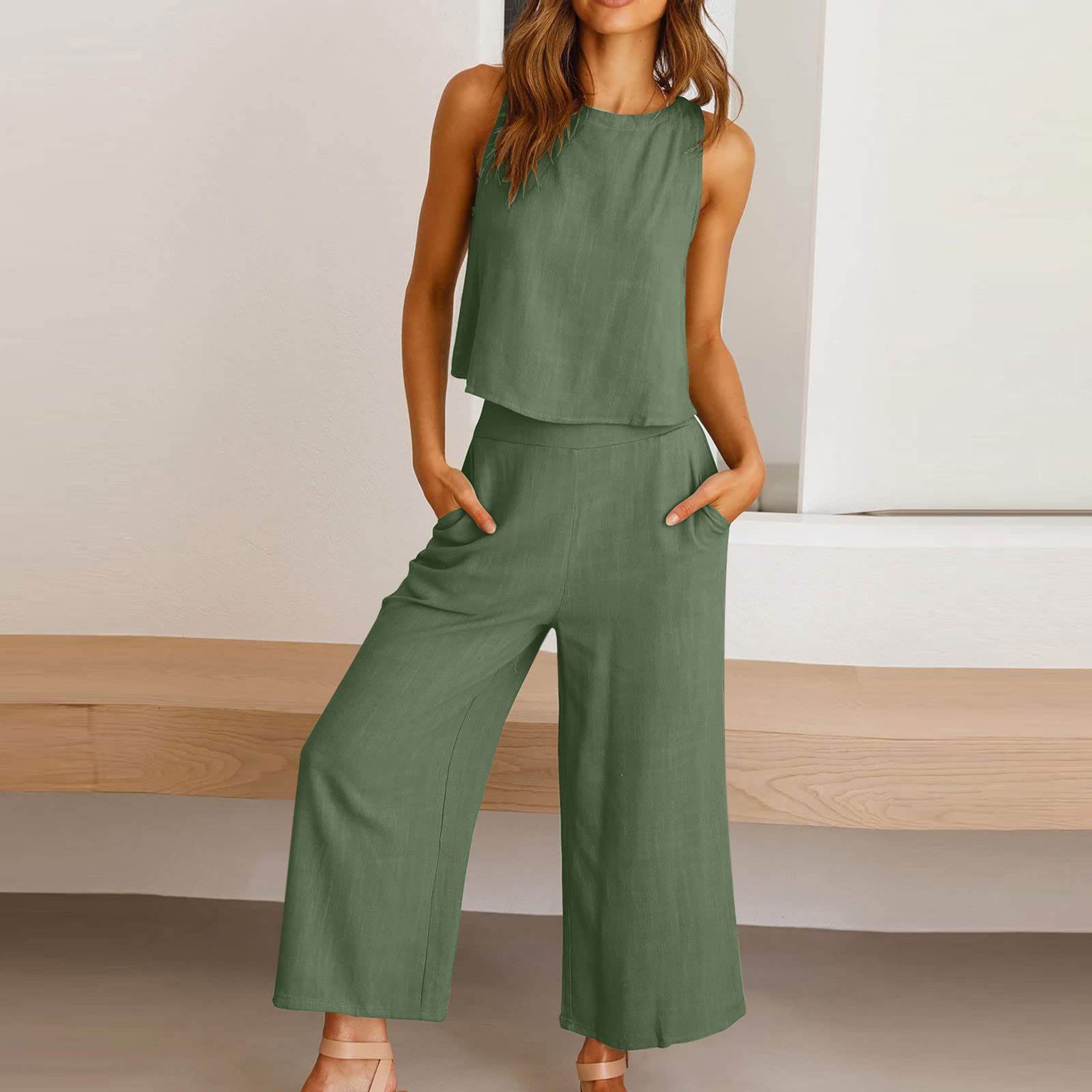 Women's 2-Piece Linen Outfit Set - Sleeveless Crop Top & Wide Leg Pants | Summer Matching Lounge Set | Perfect for Beach Vacations, Casual Outings & Boho Style