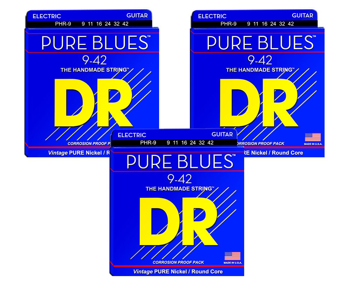 DR Strings PHR-9 Lite Pure Blues Pure Nickel Round Core Electric Guitar Strings 3-Pack - Premium Electric Guitar Strings for Blues, Rock & Jazz - Perfect for Stage Performance & Studio Recording