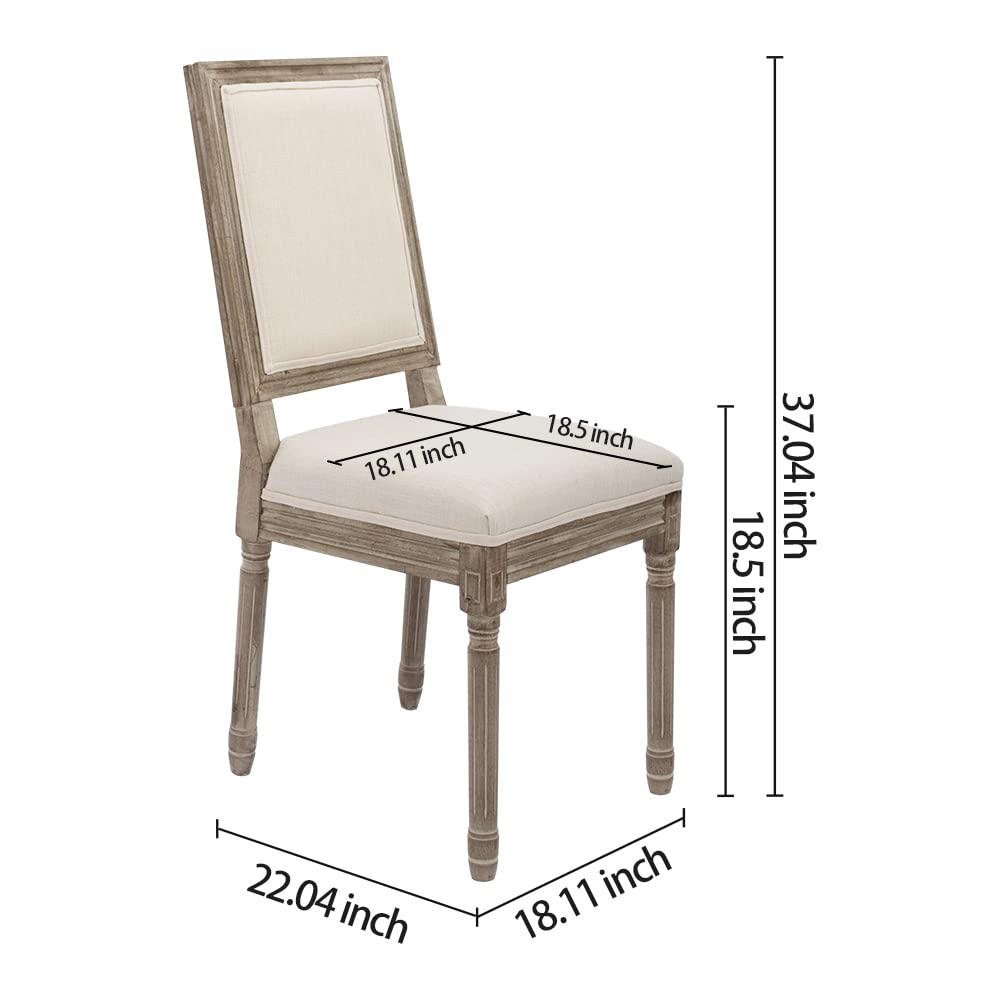 Farmhouse Dining Chairs Set of 2 - Distressed Square Back Accent Chairs for Kitchen, Bedroom & Living Room - Beige Fabric Upholstered Side Chairs for Home Decor