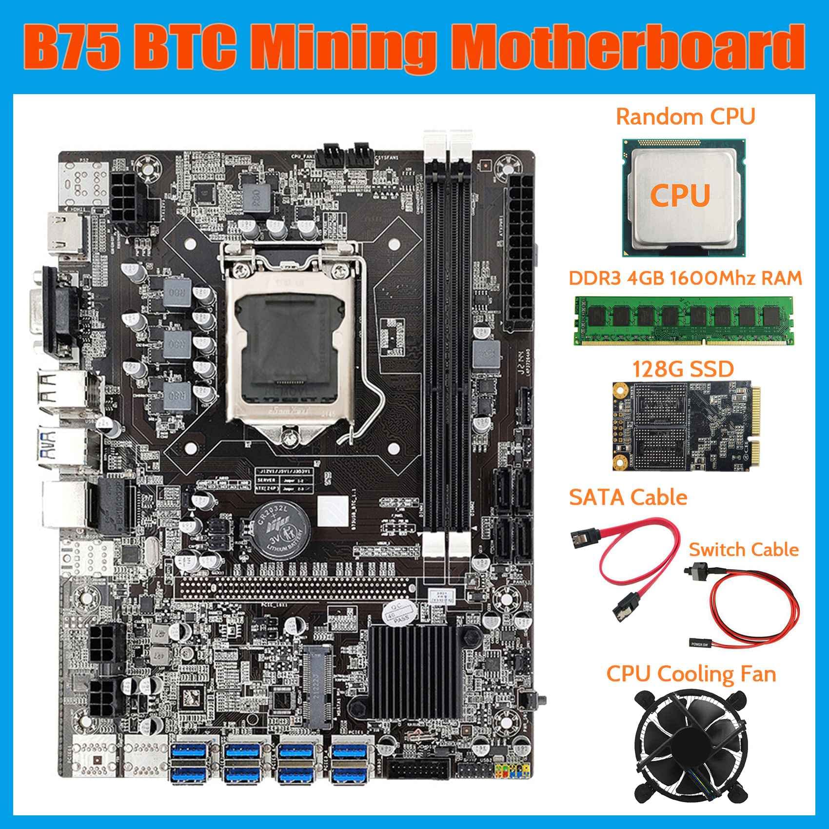 Pasyauer B75 BTC Mining Motherboard Bundle - LGA1155 Socket, 8x PCIE Slots, Intel CPU, Cooling Fan, 4GB DDR3 1600MHz RAM, 128GB SSD, SATA & Switch Cables - Perfect for Cryptocurrency Mining Rigs & High-Performance Computing