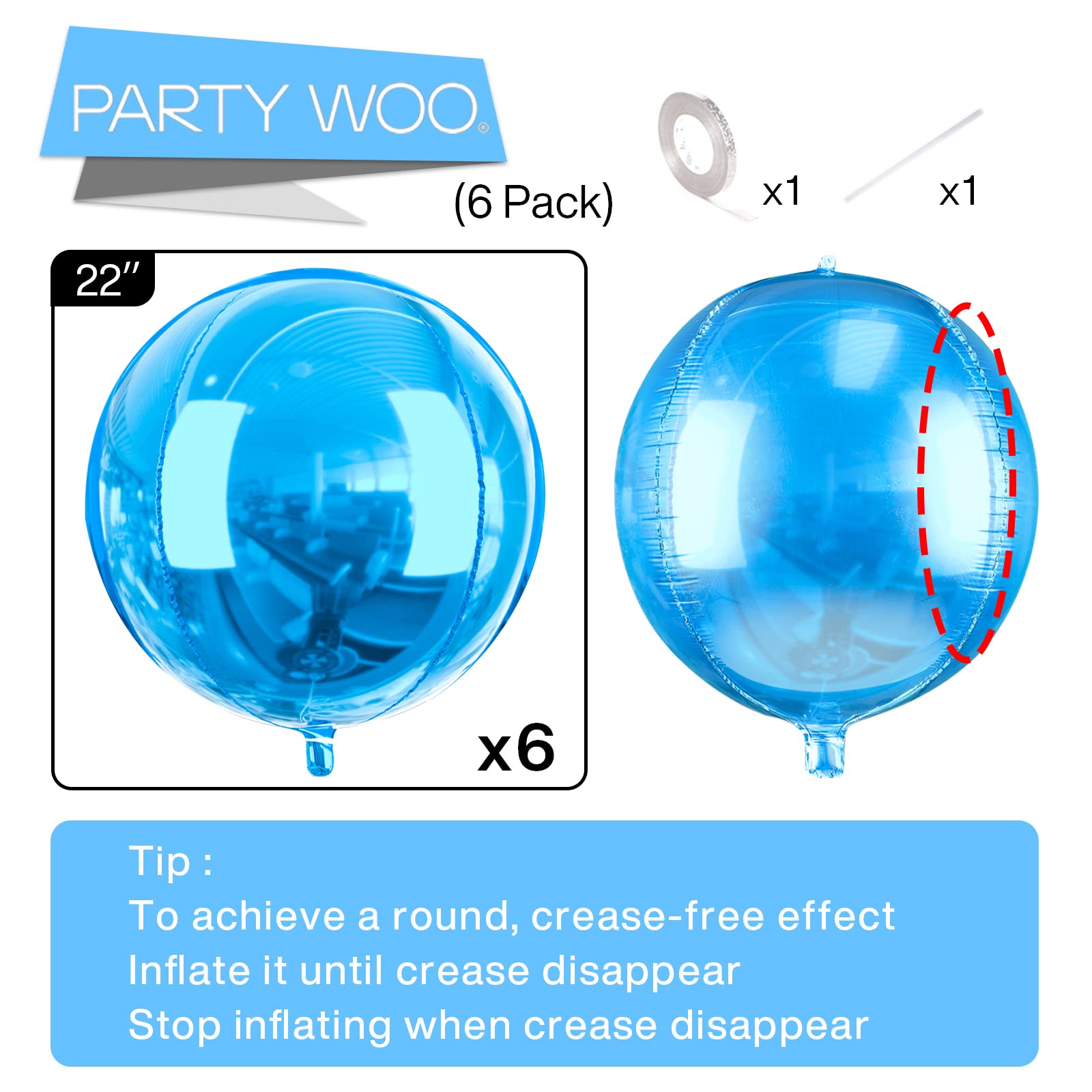 PartyWoo 6-Pack Blue Foil Balloons - 22 Inch Giant 4D Mylar Balloons with Ribbon for Birthday, Wedding & Party Decorations | Perfect for Baby Showers, Graduations & Anniversary Celebrations