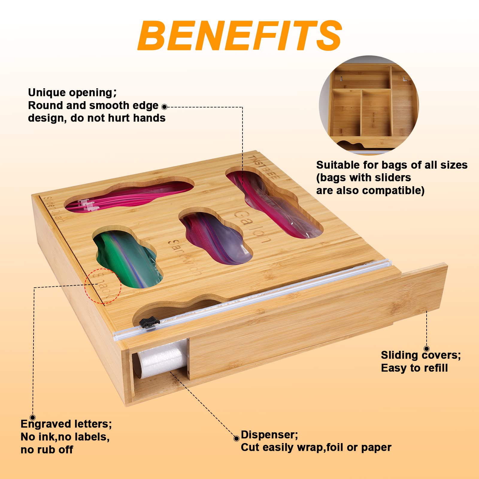 5-in-1 Bamboo Drawer Organizer for Gallon Bags, Quart Bags, Sandwich Bags, Snack Bags & Food Wraps - Kitchen Storage Solution for Plastic Bags & Aluminum Foil - Perfect for Pantry, Cabinet & Drawer Organization