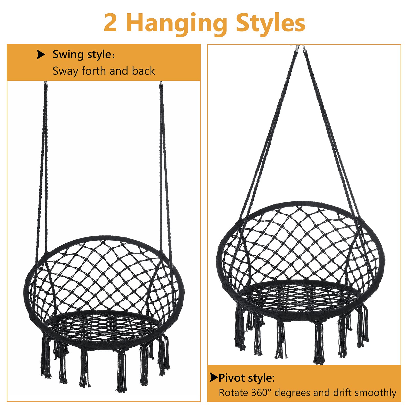 Bohemian Macrame Hammock Chair Swing Set of 2 - Handmade Cotton Rope Hanging Chair with Tassels for Indoor & Outdoor Use - Supports 330 lbs (Black) - Perfect for Bedroom, Patio, Garden Relaxation & Boho Decor
