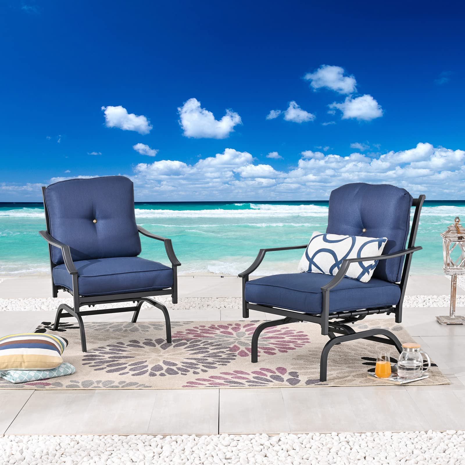 Festival Depot 2-Piece Patio Dining Chair Set - Metal Armchairs with Thick Cushions, Outdoor Furniture for Bistro, Garden, Poolside & Backyard (Blue) - Perfect for Relaxing & Entertaining