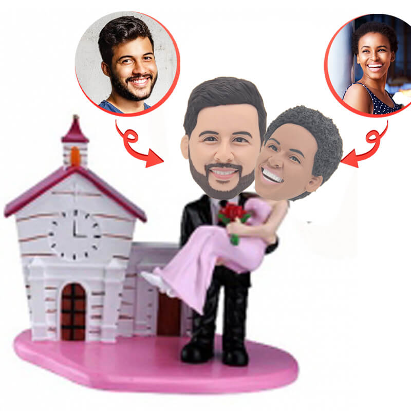Custom Couple Bobblehead - Groom Carrying Bride in Pink House - Personalized Wedding Gift, Anniversary Present, Home Decor for Newlyweds