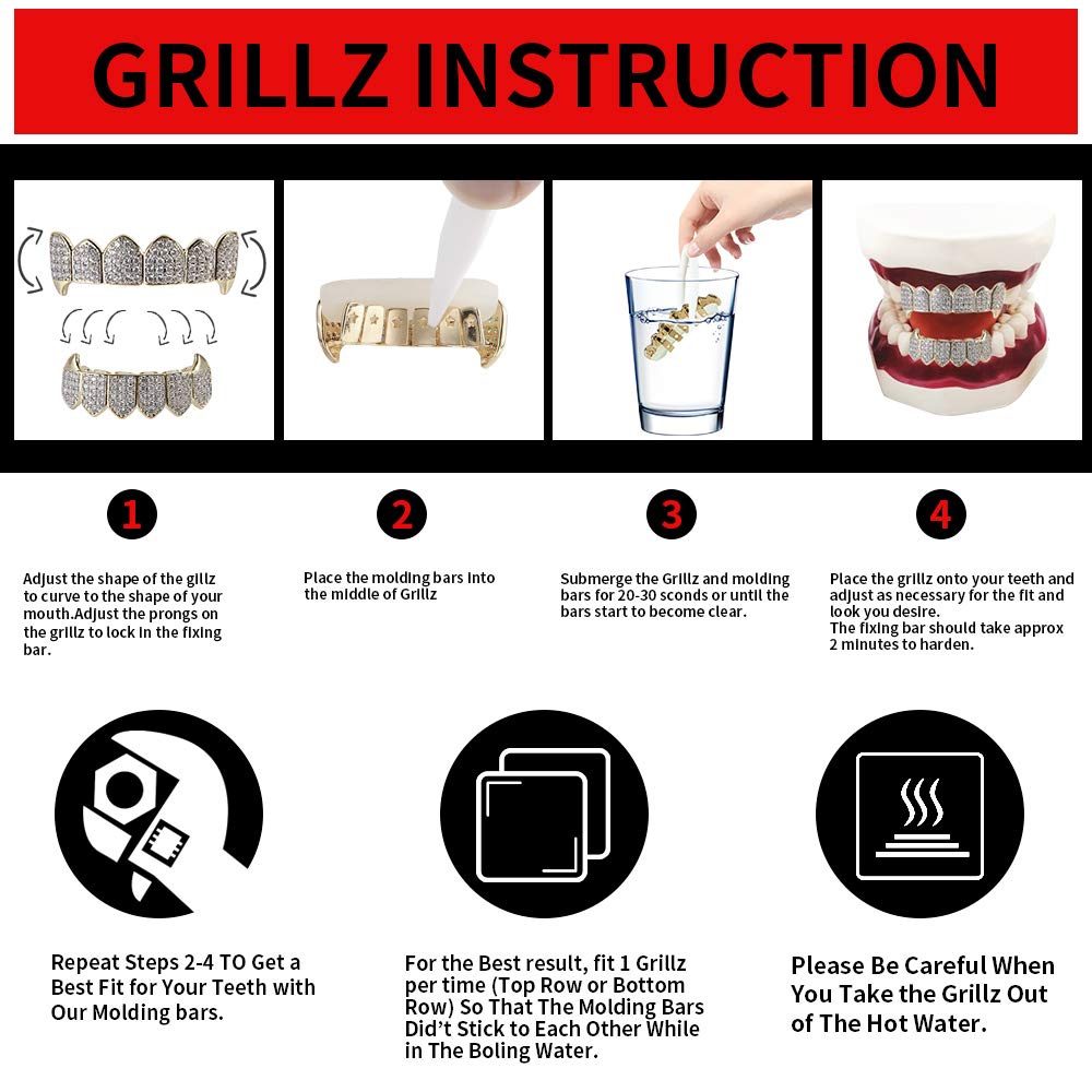 14K Gold Plated Grillz for Men & Women - Iced Out CZ Vampire Teeth Grill Set with Top & Bottom Grills & Extra Molding Bars | Hip Hop Jewelry, Rap Accessories, Party Wear, Halloween Costume