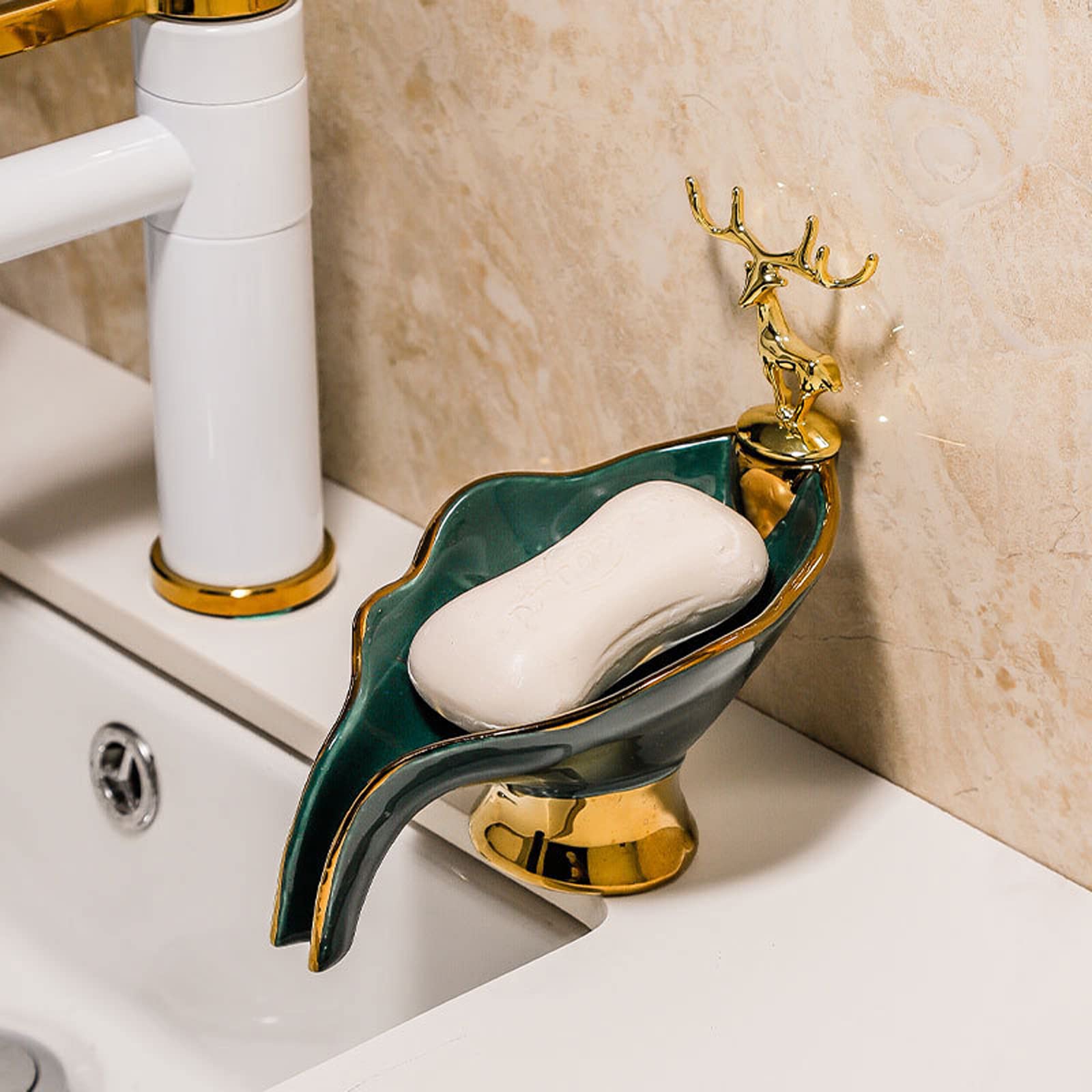 Luxury Ceramic Soap Dish with Golden Deer - Leaf Shaped Self Draining Soap Holder for Bathroom, Kitchen & Shower - Elegant Soap Storage Solution for Countertops, Vanities and Spa Decor