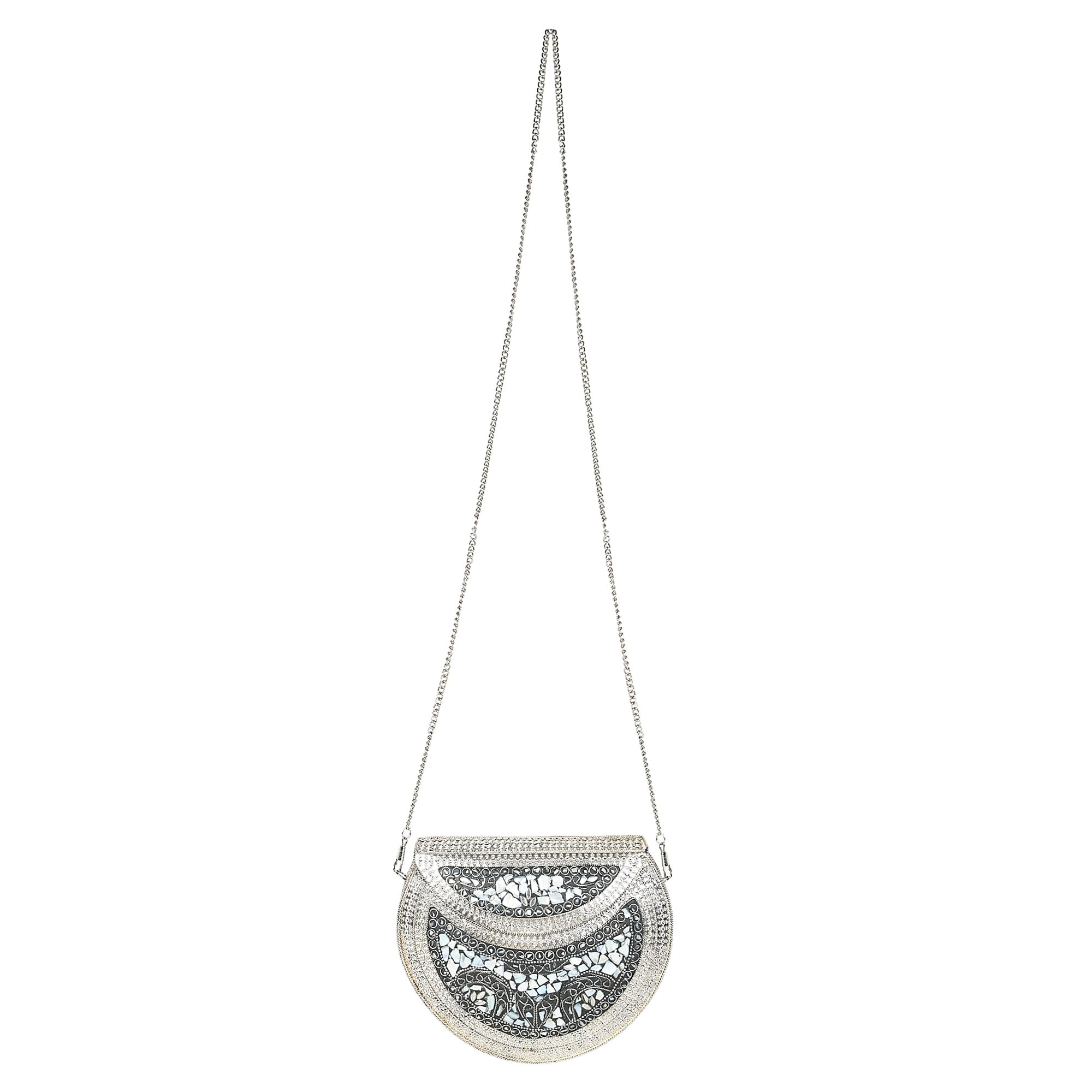 Vintage Silver Shell Mosaic Clutch Purse - Handmade Ethnic Indian Nacre Stone Bag for Women | Perfect for Weddings, Parties & Special Occasions