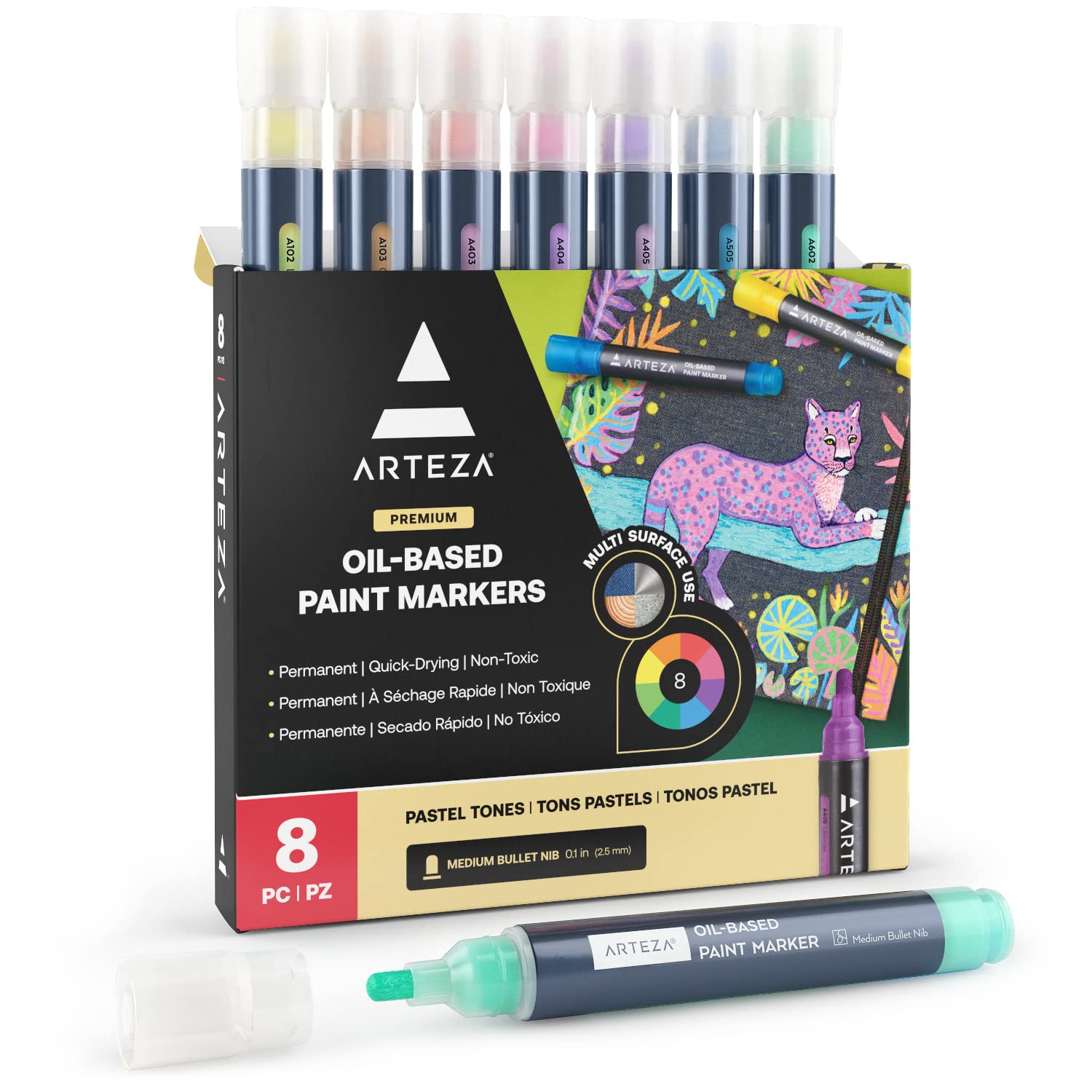 ARTEZA Pastel Oil-Based Markers 8-Pack - 2.5mm Bullet Tip Permanent Markers for Artists & Crafters - Quick-Drying, Large Barrel Art Supplies - Perfect for Sketching, Bullet Journaling & DIY Projects