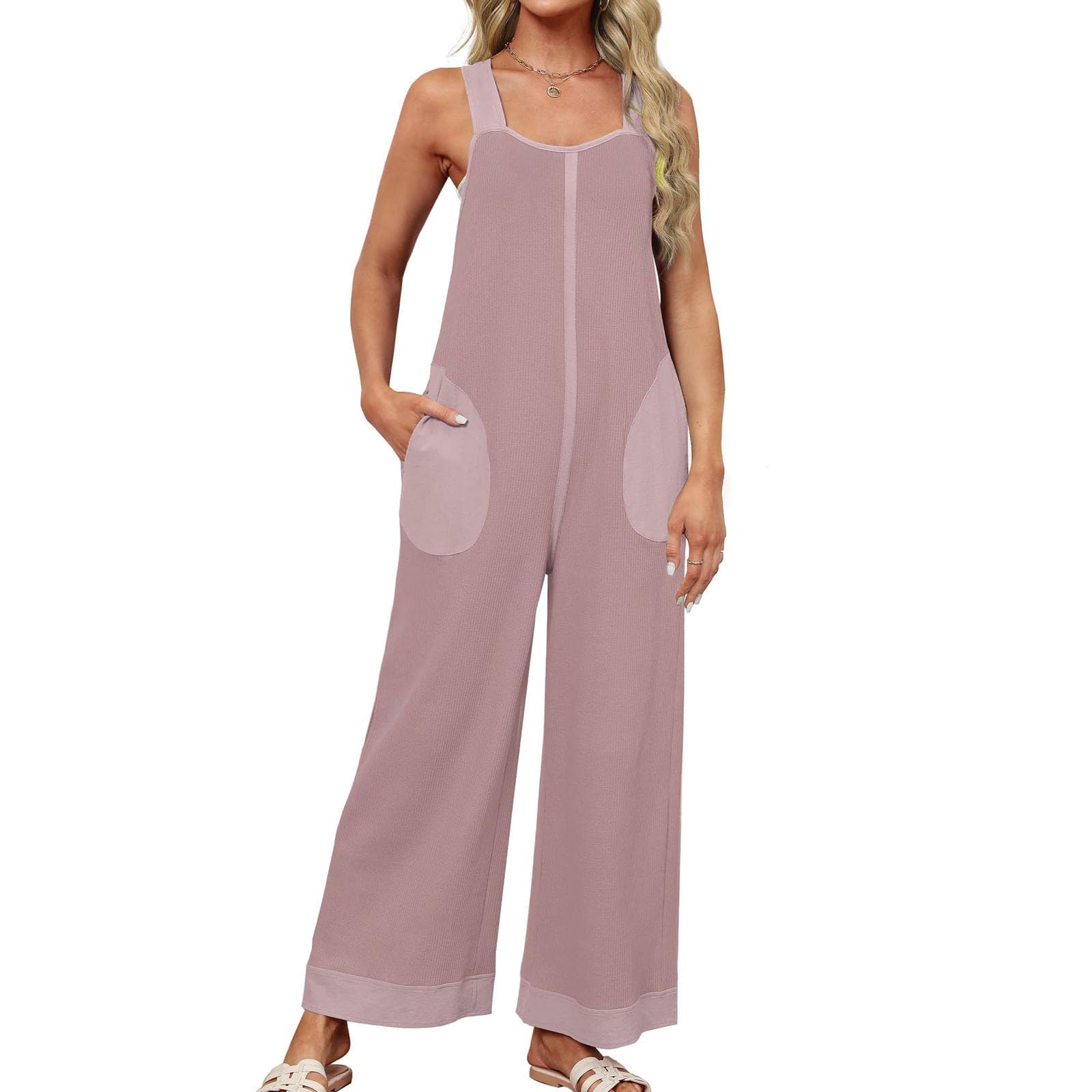 Women's Waffle Knit Wide Leg Romper 2024 - Cute Drawstring Open Back Jumpsuit | Summer Casual Loose Overalls for Beach, Vacation & Lounge Wear
