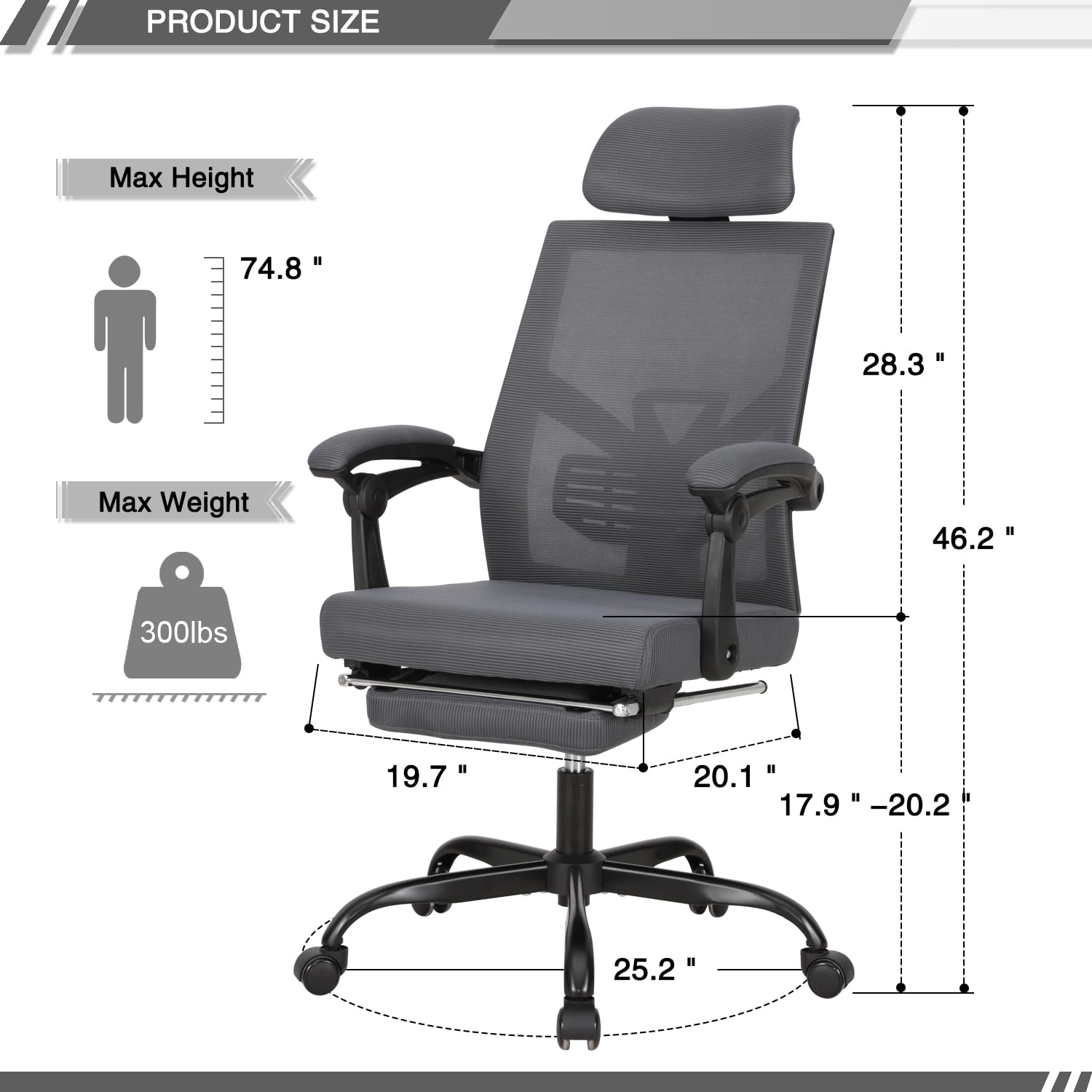 Qulomvs Ergonomic Mesh Office Chair with Adjustable Headrest, Lumbar Support & Footrest - 90-135° Recline, 360° Swivel & Wheels - Perfect for Home Office, Gaming & Computer Workstations