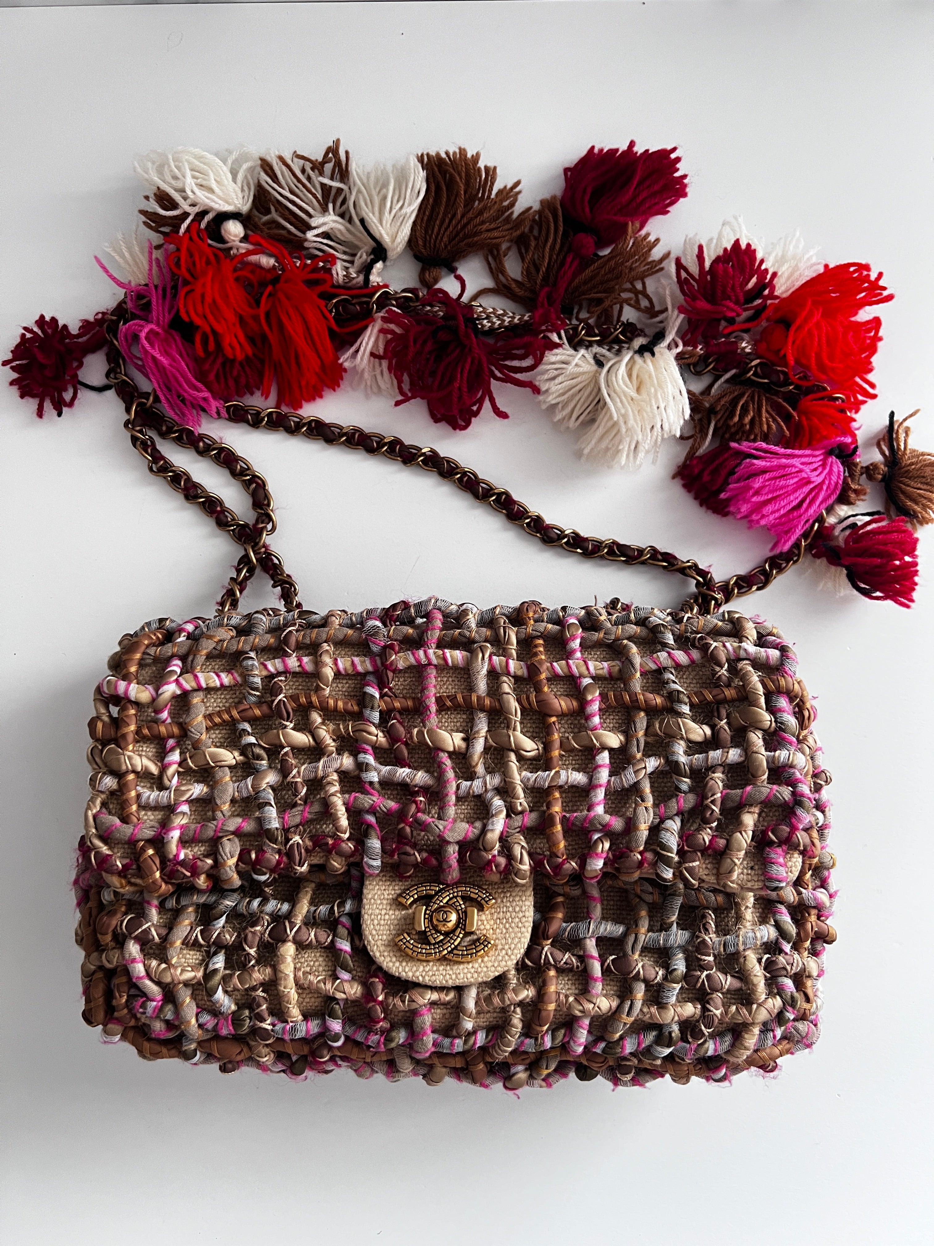 Chanel Limited Edition 2015 Dubai Resort Runway Woven Pom Pom Classic Flap Bag - Luxury Designer Handbag for Women, Evening Parties & Special Occasions