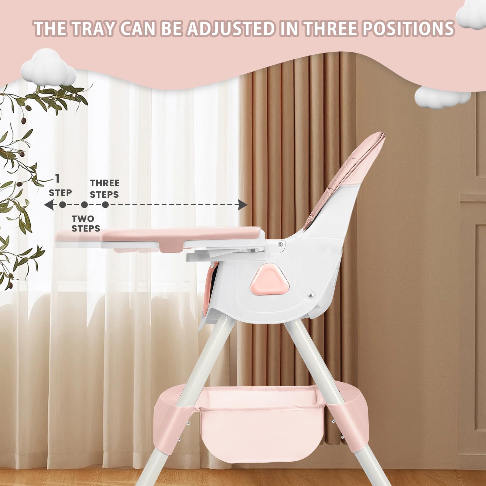 UBRAVOO 3-in-1 Foldable Baby High Chair - Convertible Portable Dining Chair with 5-Point Safety Harness, Double-Layer Tray & Toy Rack for Infants & Toddlers (Pink) - Perfect for Home, Restaurant & Travel Use