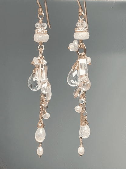 Rose Gold Boho Dangle Earrings with Crystal Quartz & Moonstone - Elegant Bohemian Jewelry for Women, Gift for Her | Perfect for Weddings, Parties & Everyday Wear