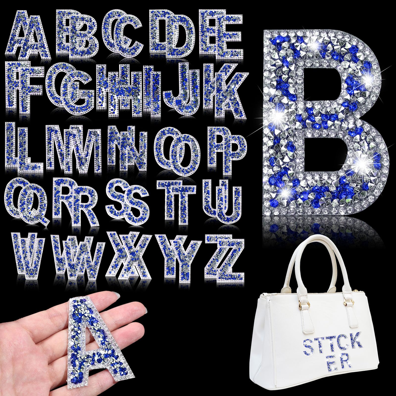 Glitter Resin Rhinestone Alphabet Letter Stickers A-Z - Self Adhesive Iron On Crystal Letters for DIY Crafts, Clothing, Scrapbooking (Blue, 52 Pieces) - Perfect for Custom T-Shirts, Hats, Bags & Home Decor